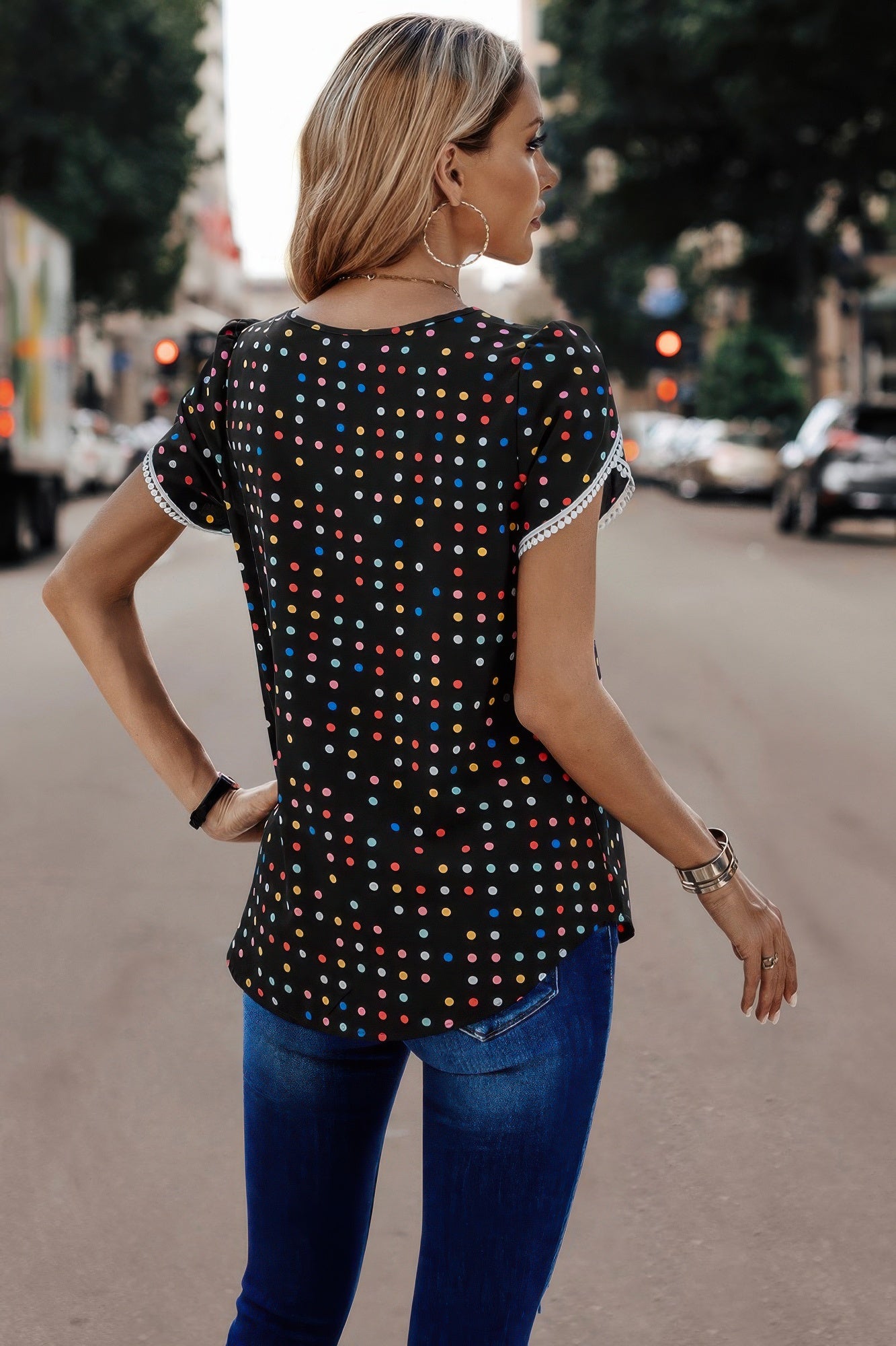 Round Neck Polka Dot Print Petal Sleeve Blouse product image