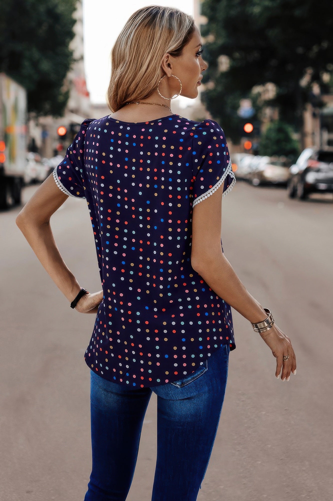 Round Neck Polka Dot Print Petal Sleeve Blouse product image