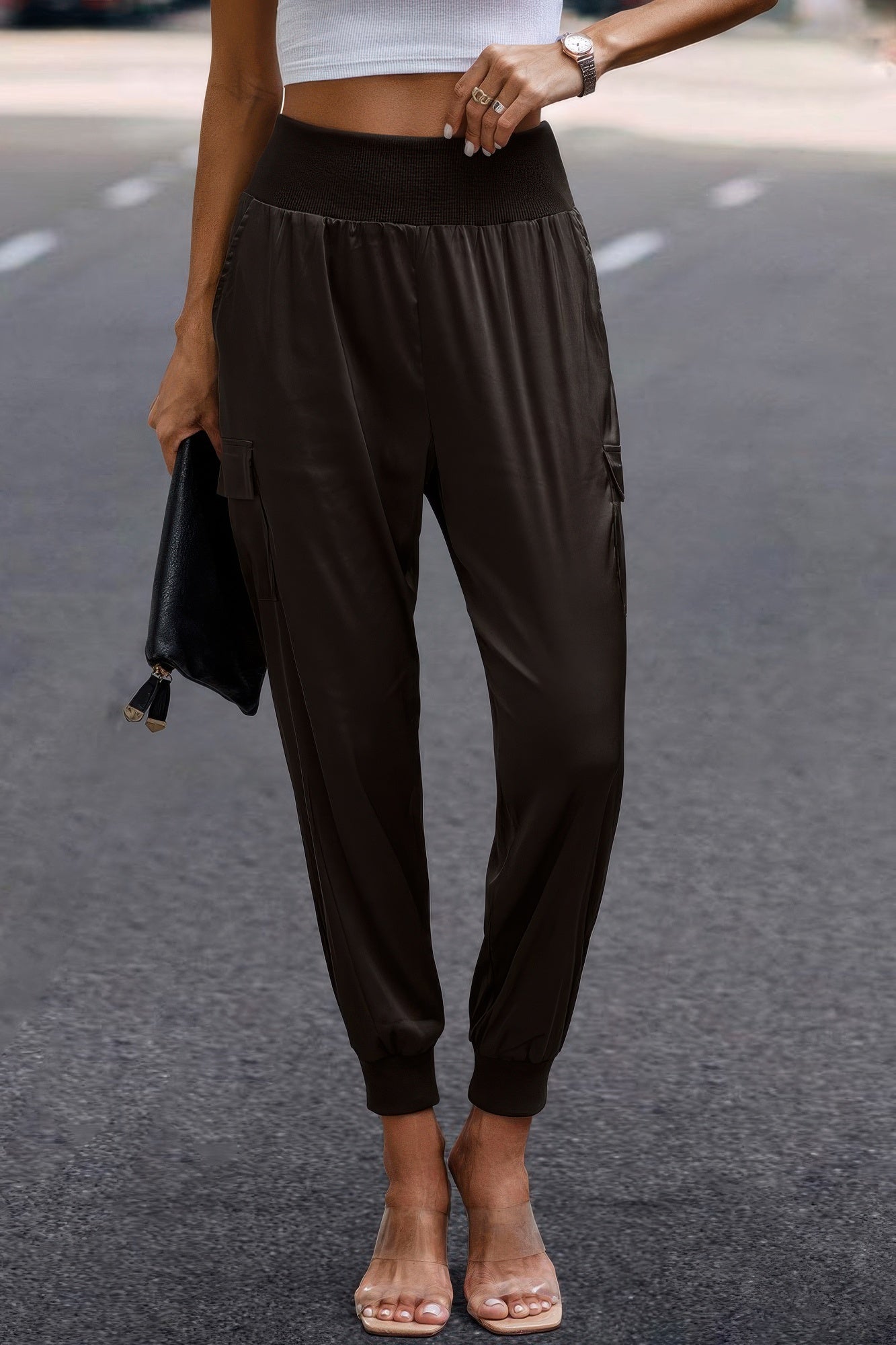 High Waist Trousers Pocket Satin Jogger Pants product image