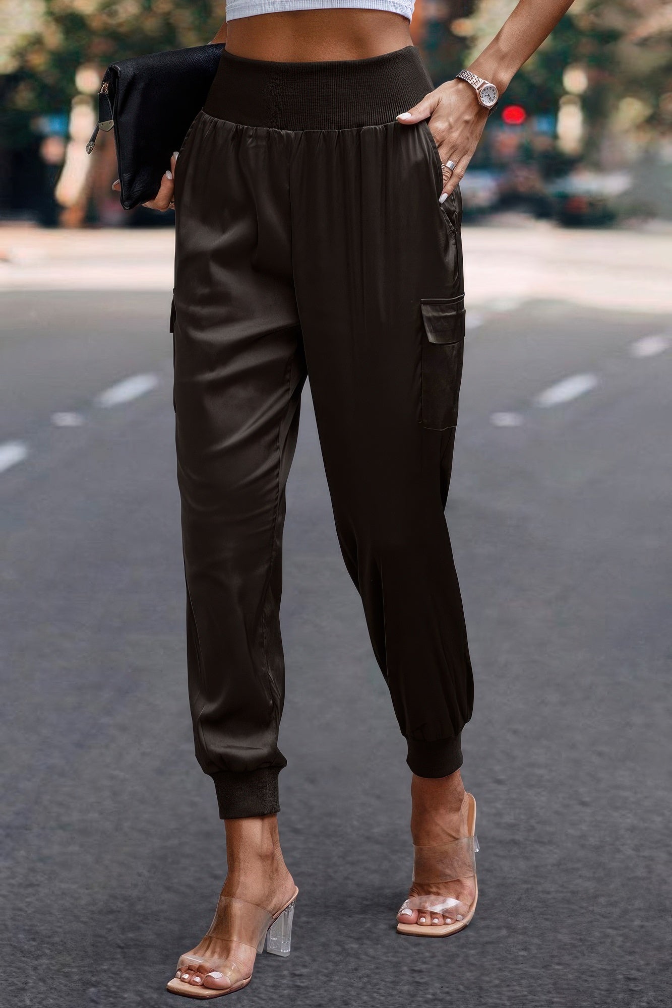High Waist Trousers Pocket Satin Jogger Pants product image