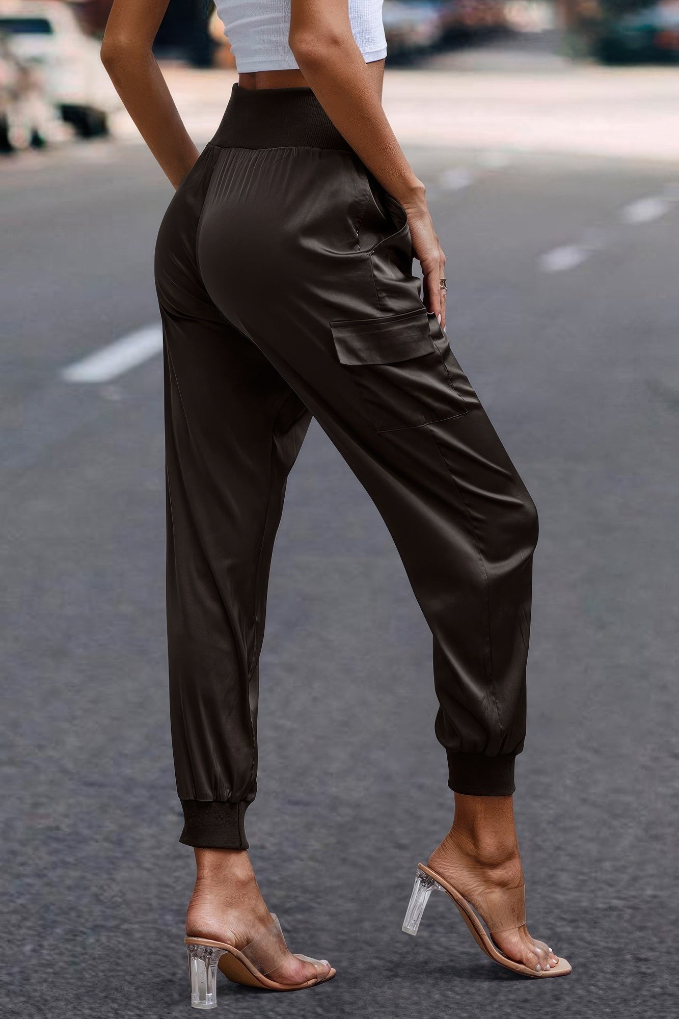 High Waist Trousers Pocket Satin Jogger Pants product image