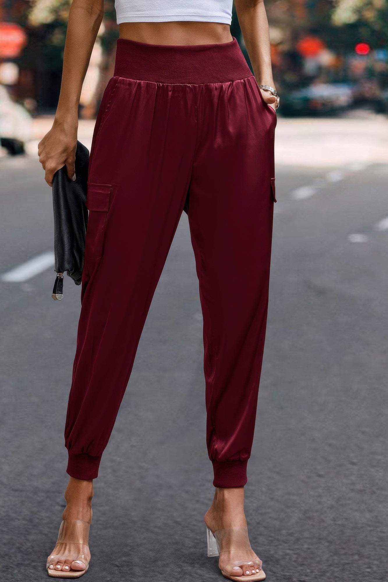 High Waist Trousers Pocket Satin Jogger Pants product image
