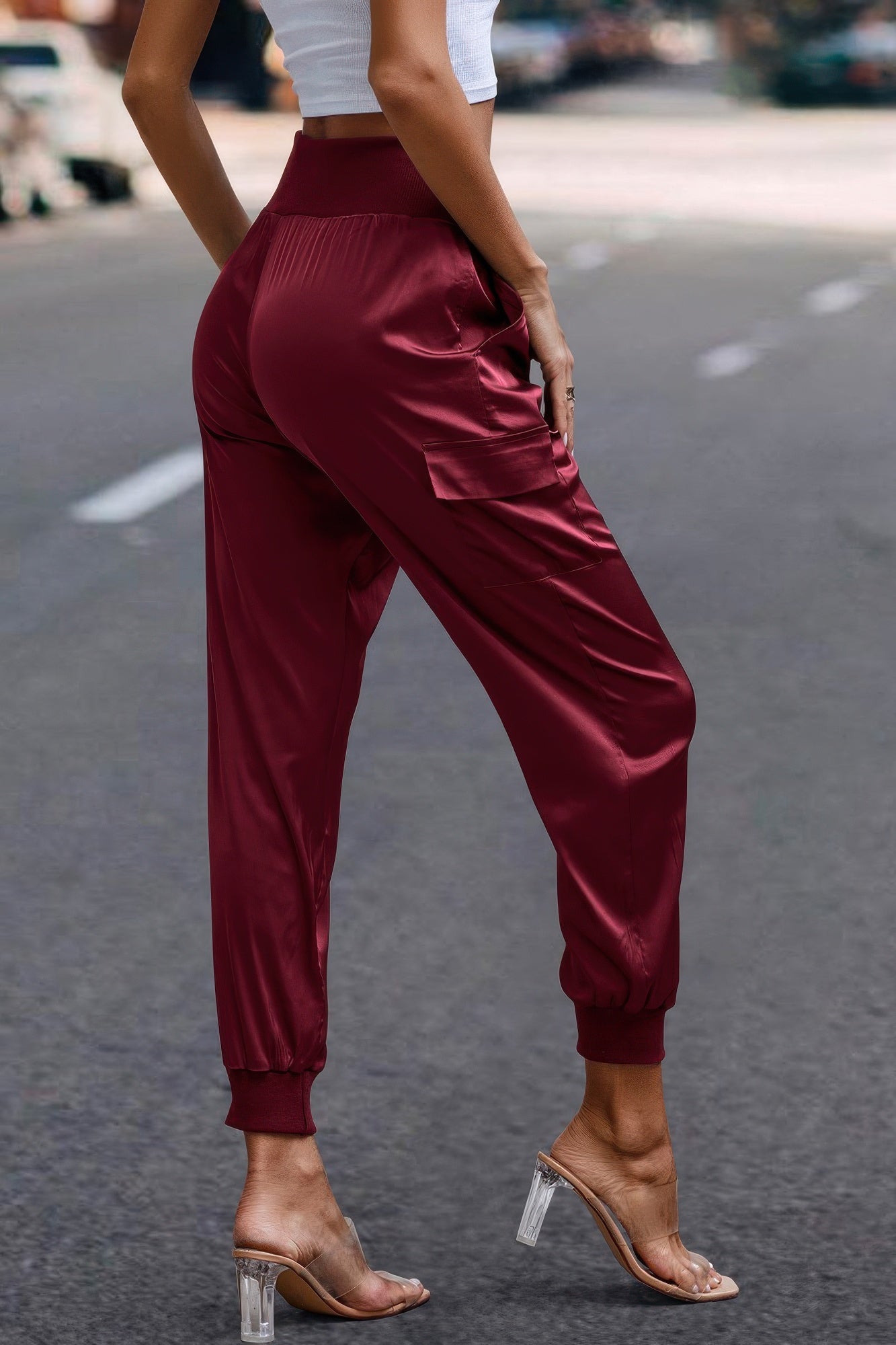 High Waist Trousers Pocket Satin Jogger Pants product image