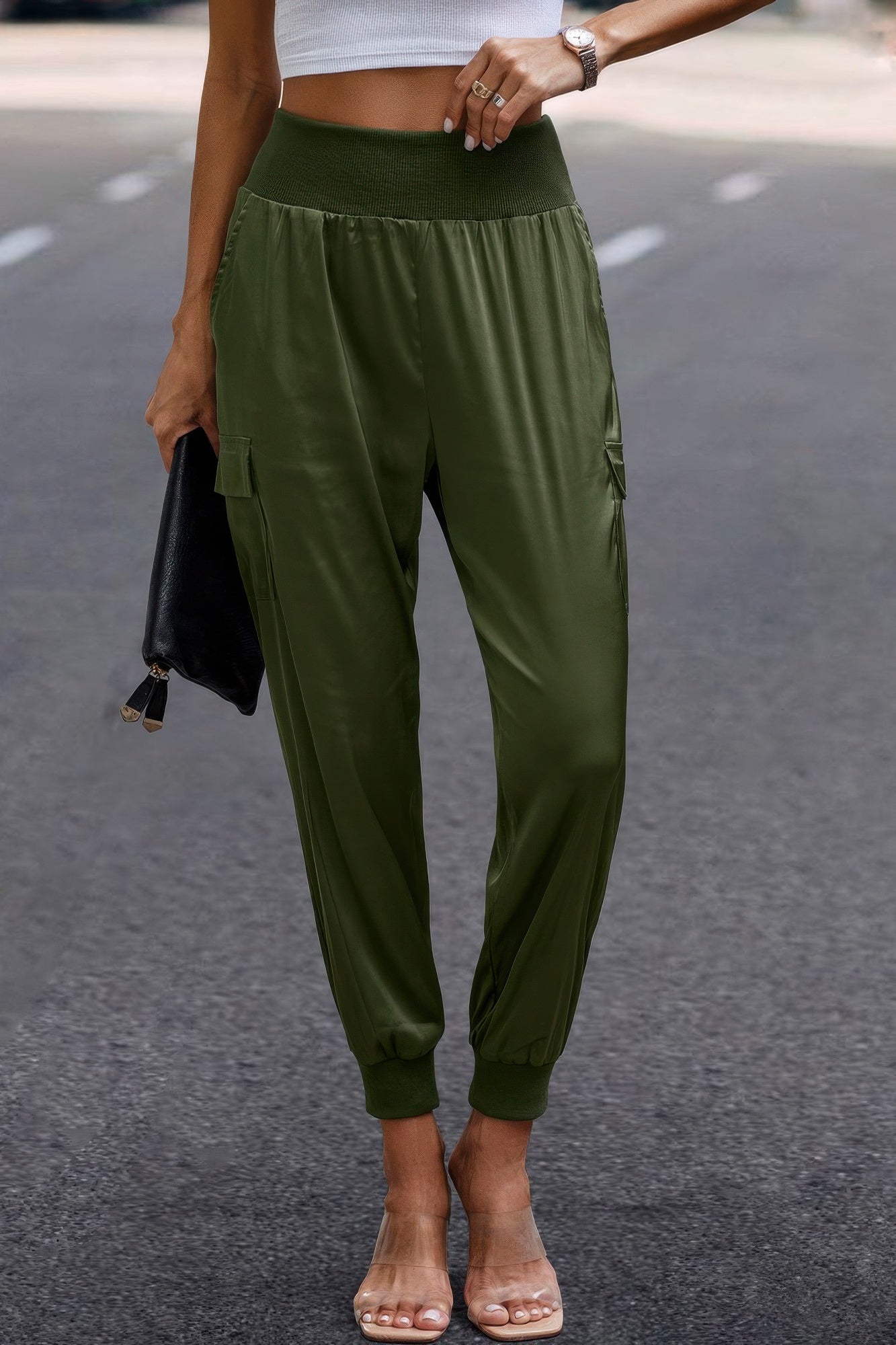 High Waist Trousers Pocket Satin Jogger Pants product image