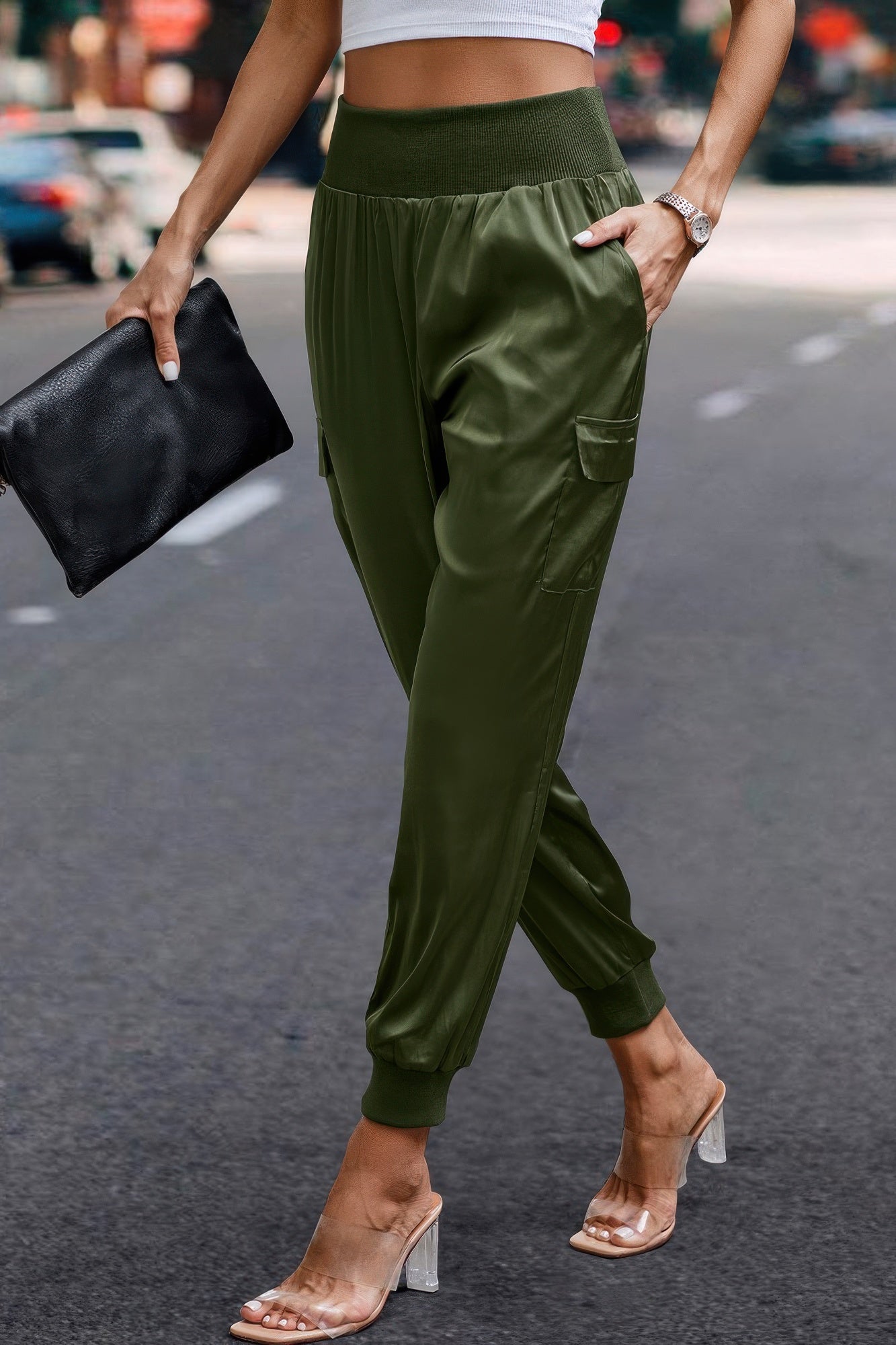 High Waist Trousers Pocket Satin Jogger Pants product image