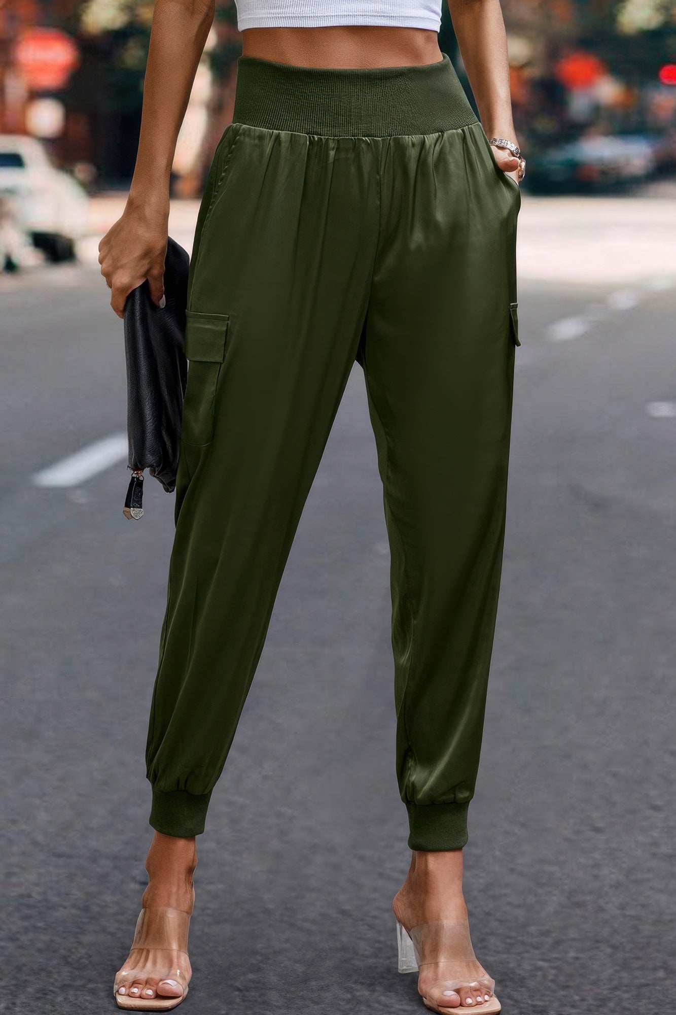 High Waist Trousers Pocket Satin Jogger Pants product image
