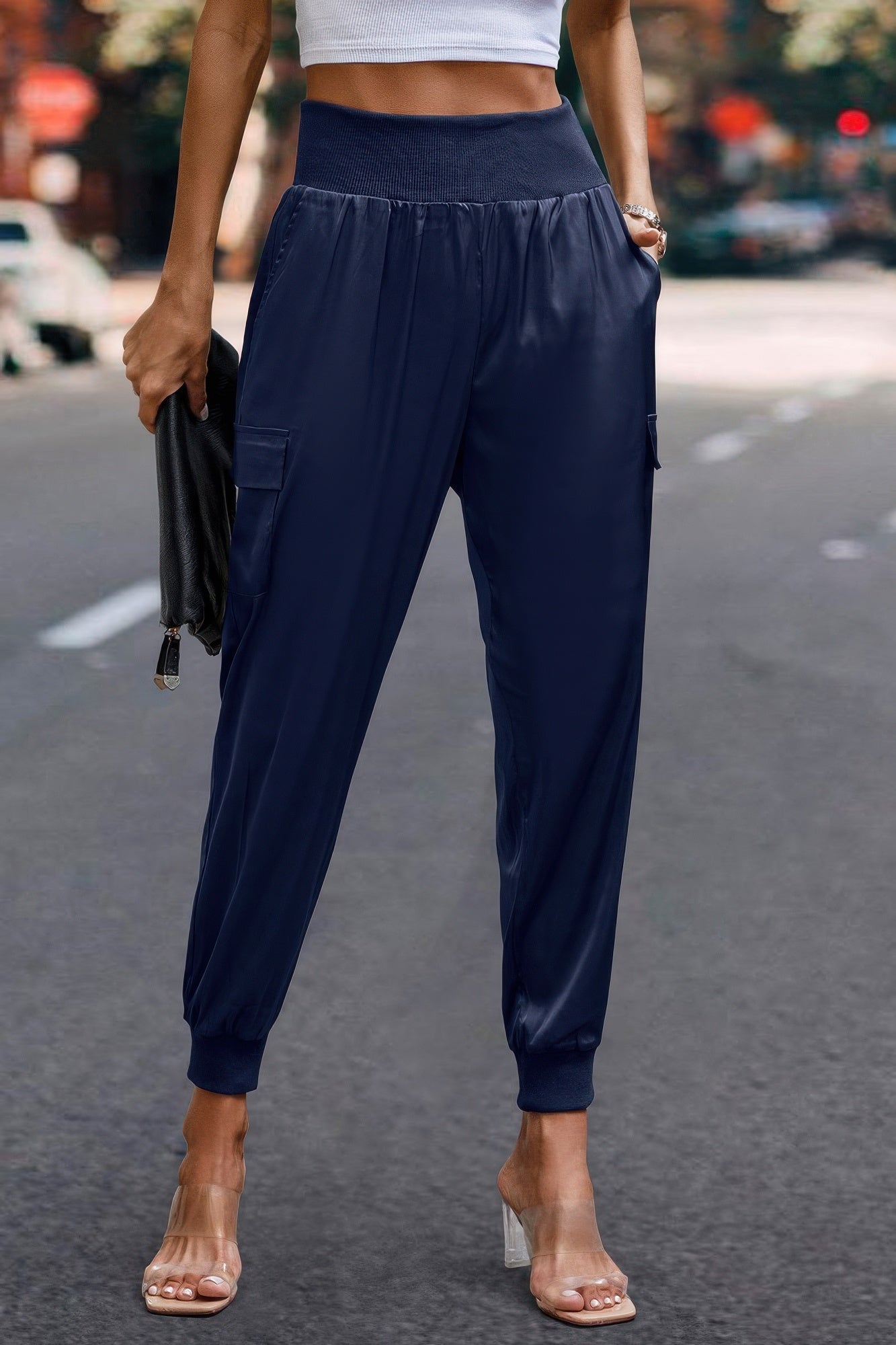 High Waist Trousers Pocket Satin Jogger Pants product image
