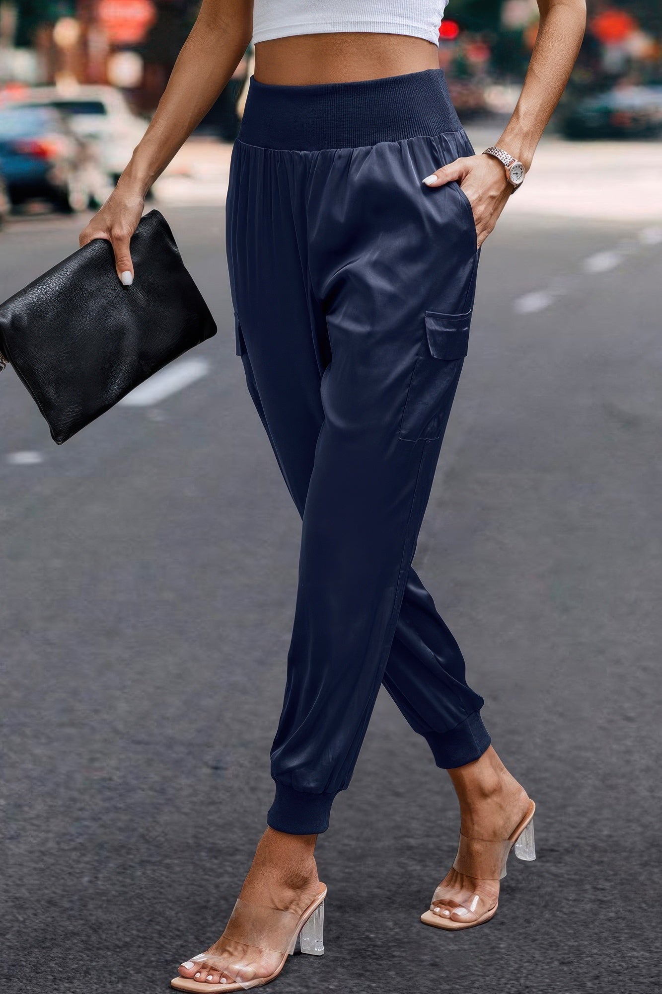 High Waist Trousers Pocket Satin Jogger Pants product image