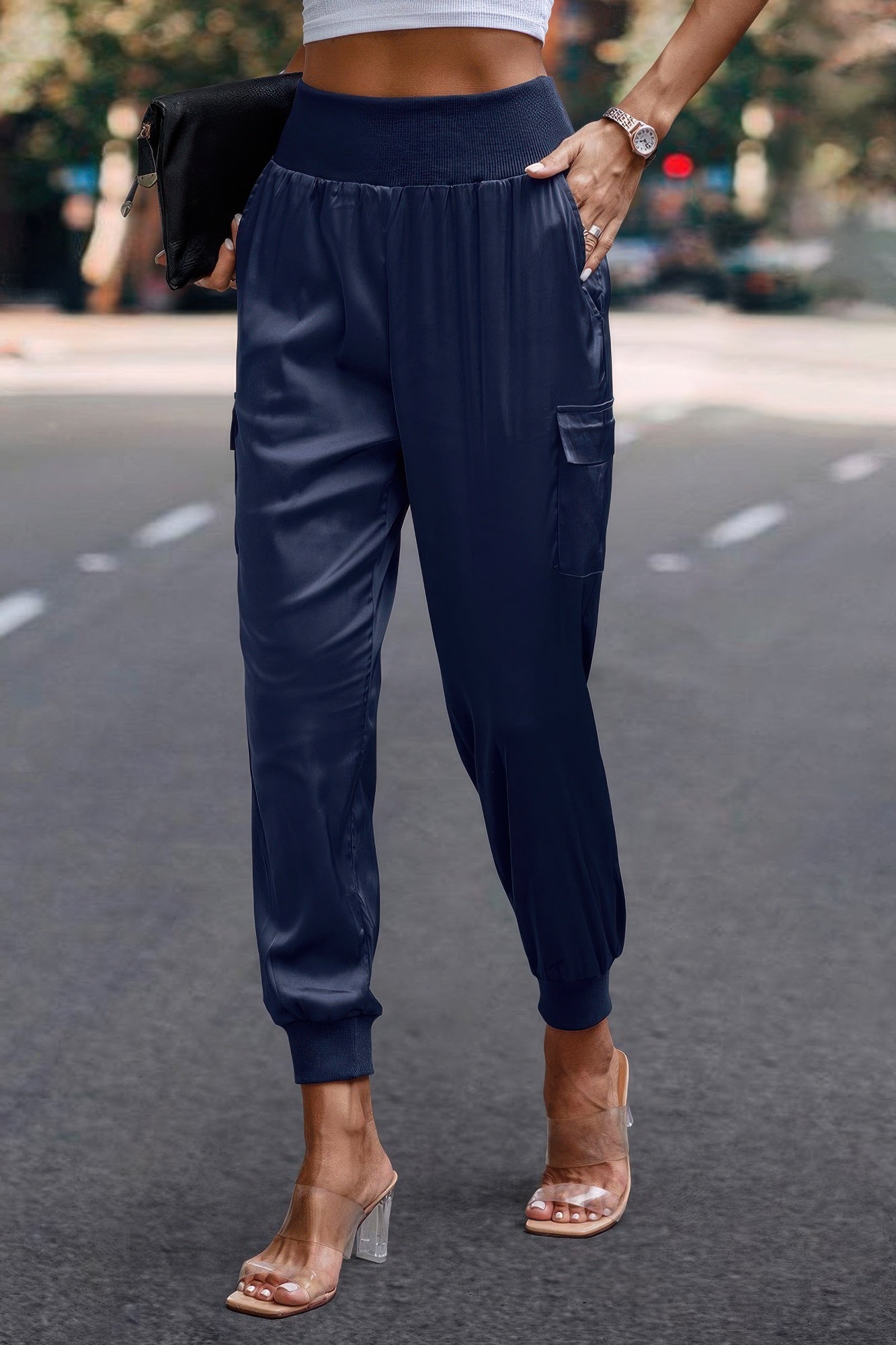 High Waist Trousers Pocket Satin Jogger Pants product image