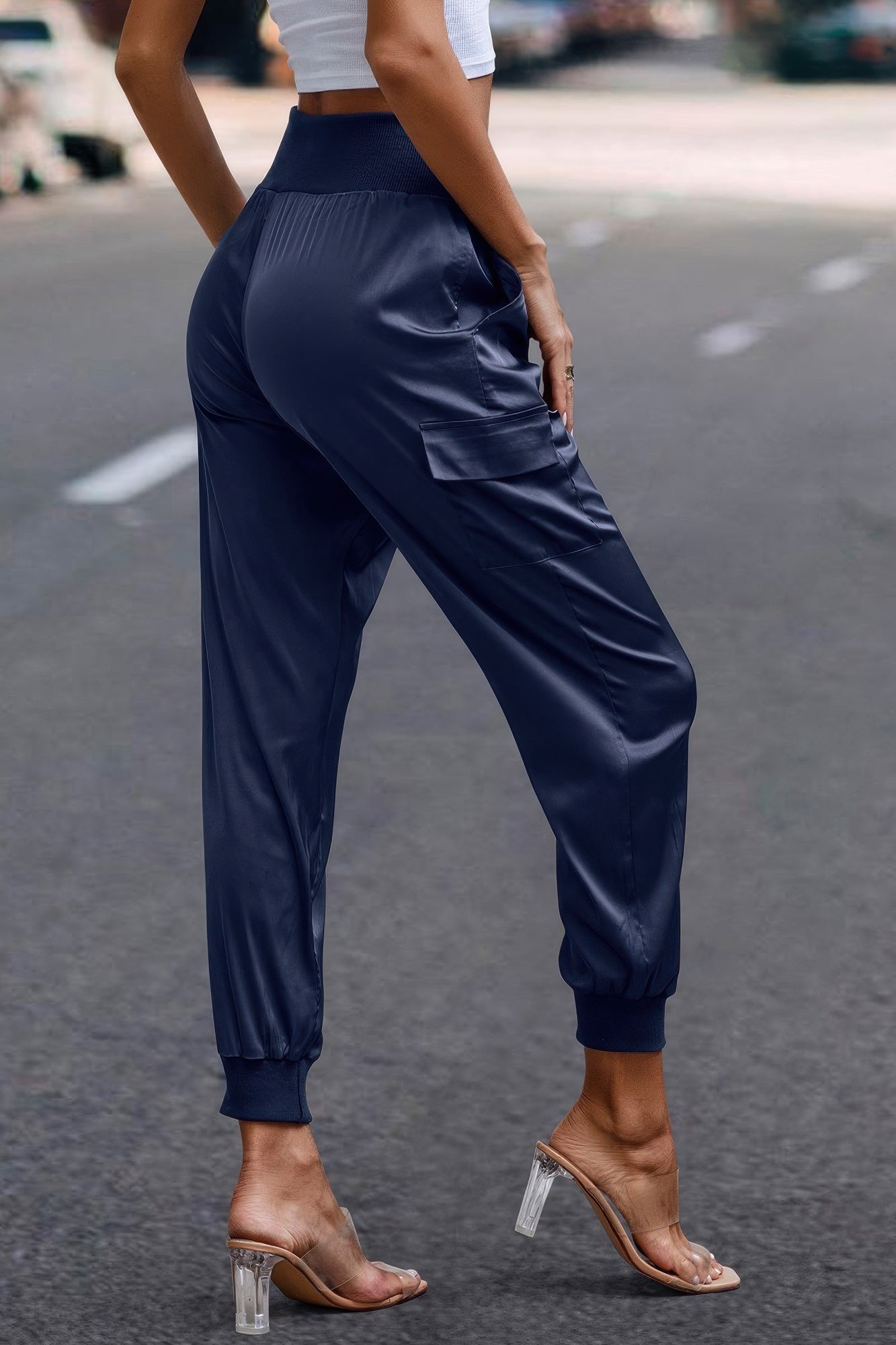 High Waist Trousers Pocket Satin Jogger Pants product image