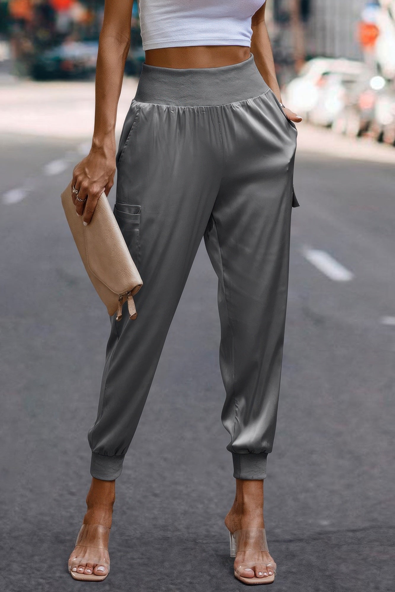 High Waist Trousers Pocket Satin Jogger Pants product image