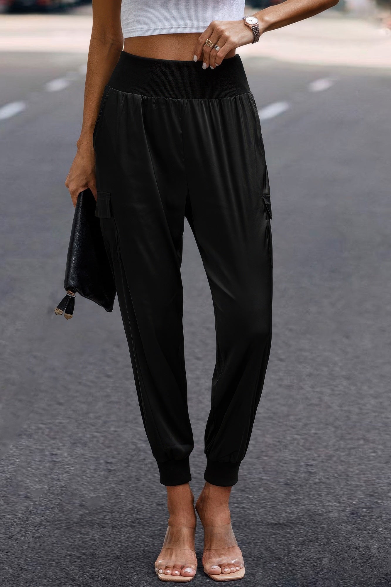 High Waist Trousers Pocket Satin Jogger Pants product image