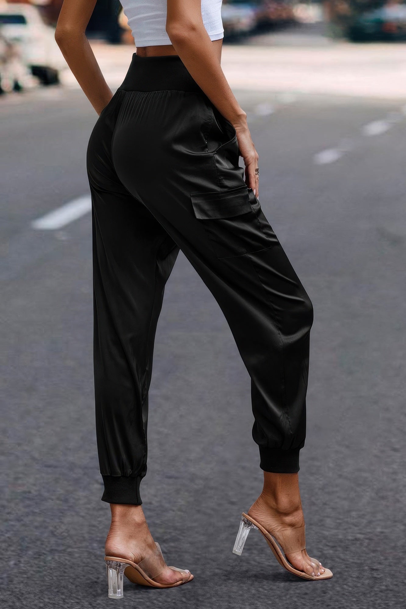 High Waist Trousers Pocket Satin Jogger Pants product image