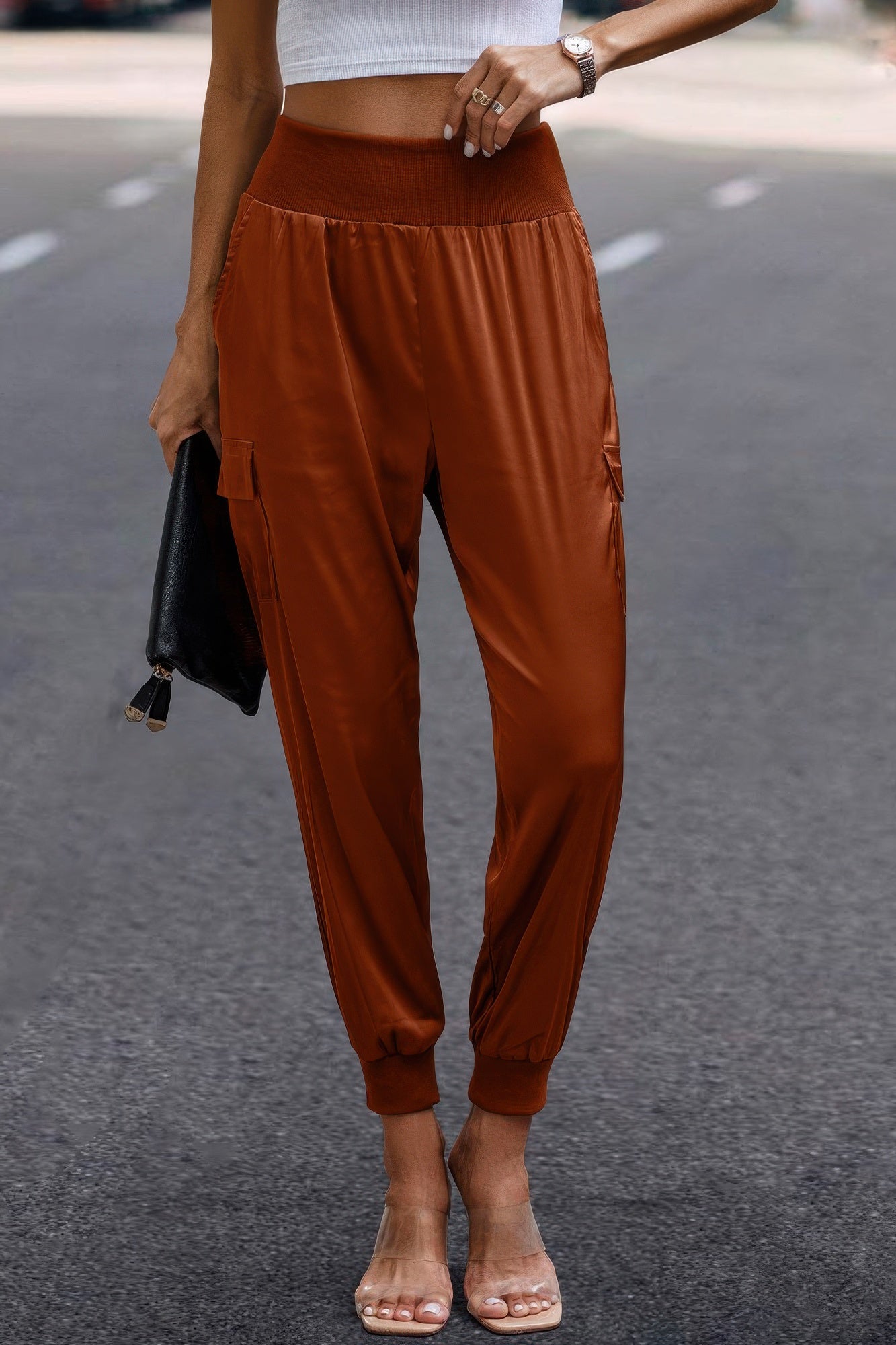 High Waist Trousers Pocket Satin Jogger Pants product image