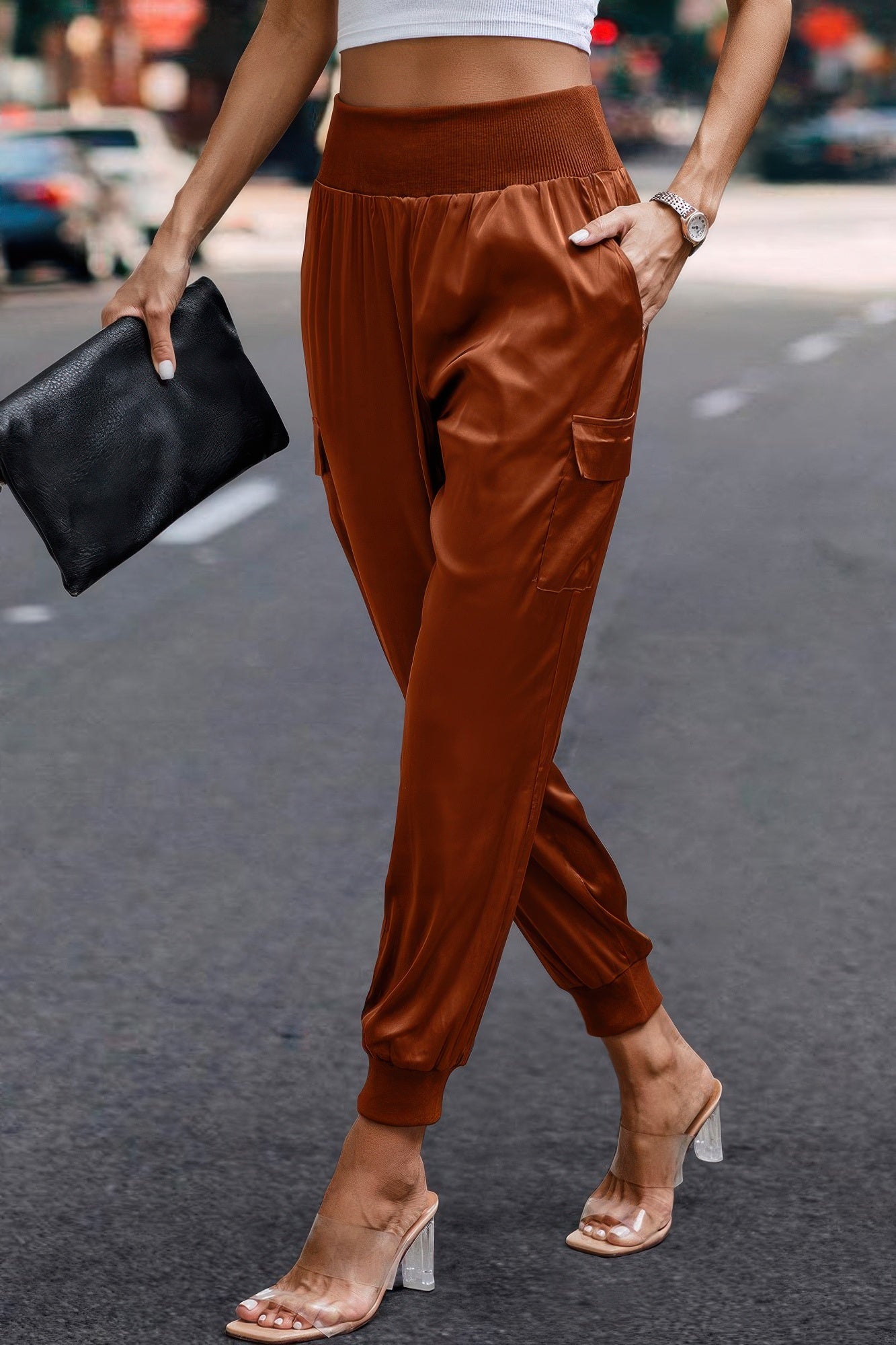 High Waist Trousers Pocket Satin Jogger Pants product image