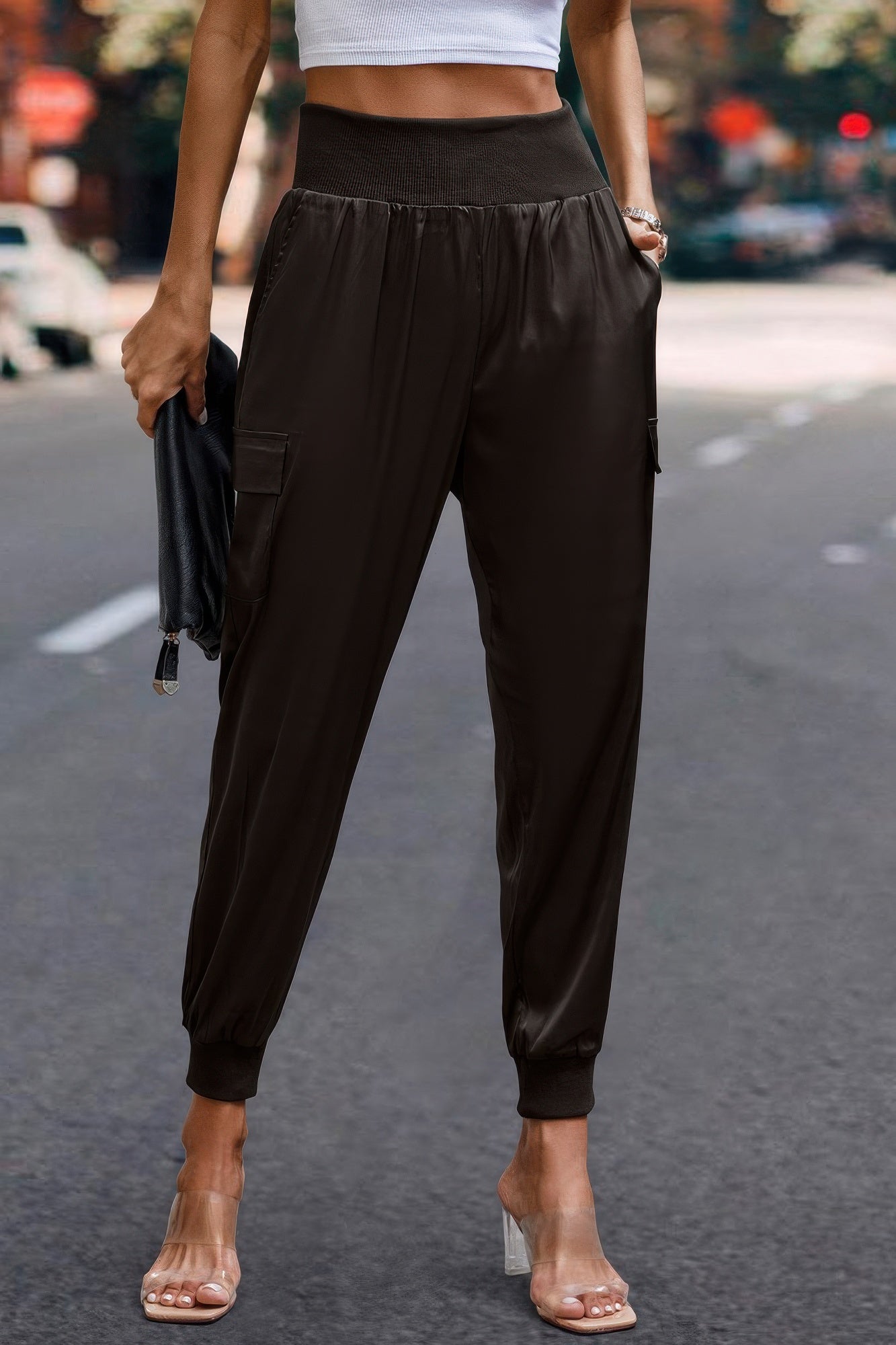 High Waist Trousers Pocket Satin Jogger Pants product image
