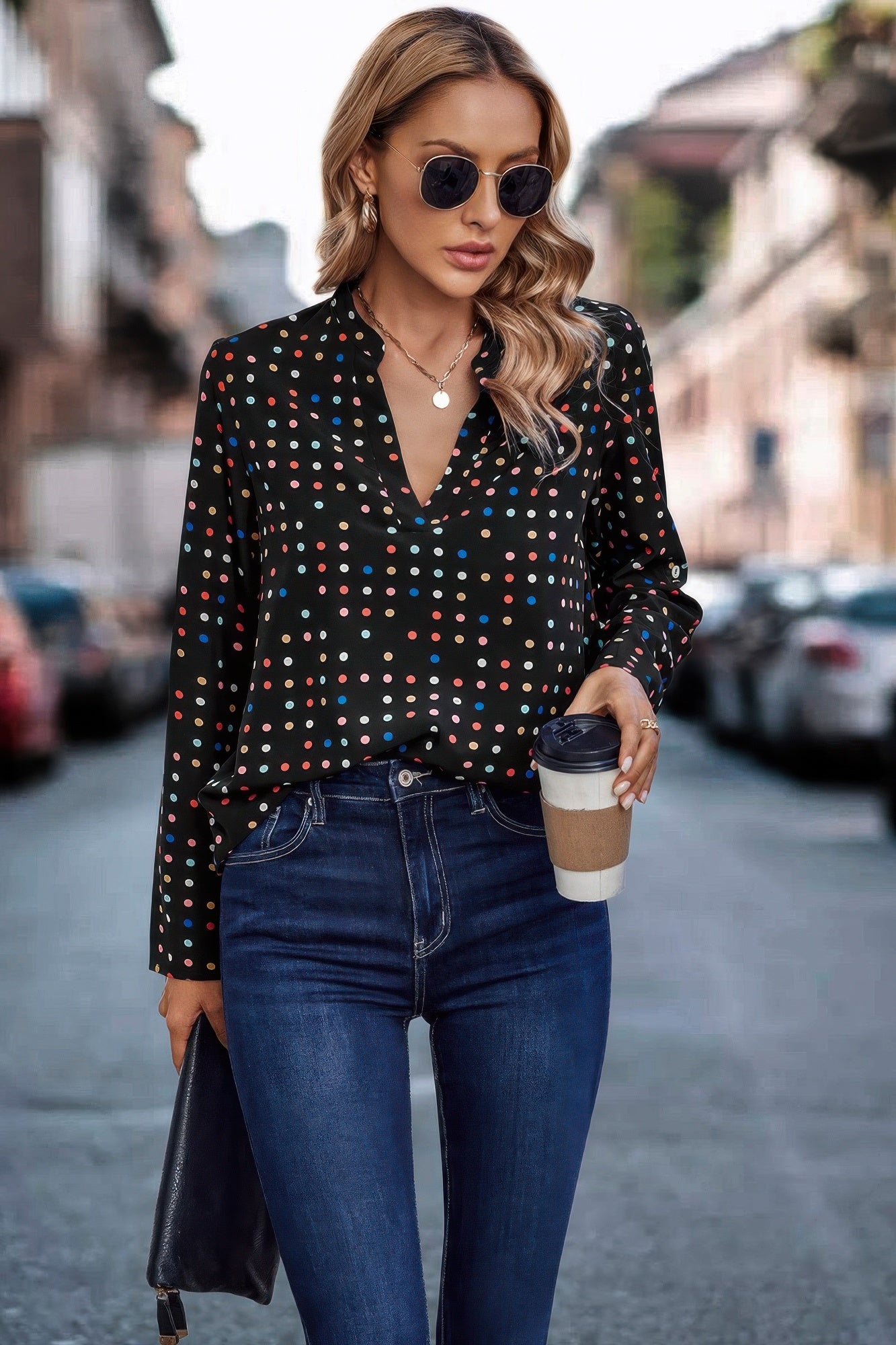 Polka Dot Puff Sleeve Notched Neckline Blouse product image