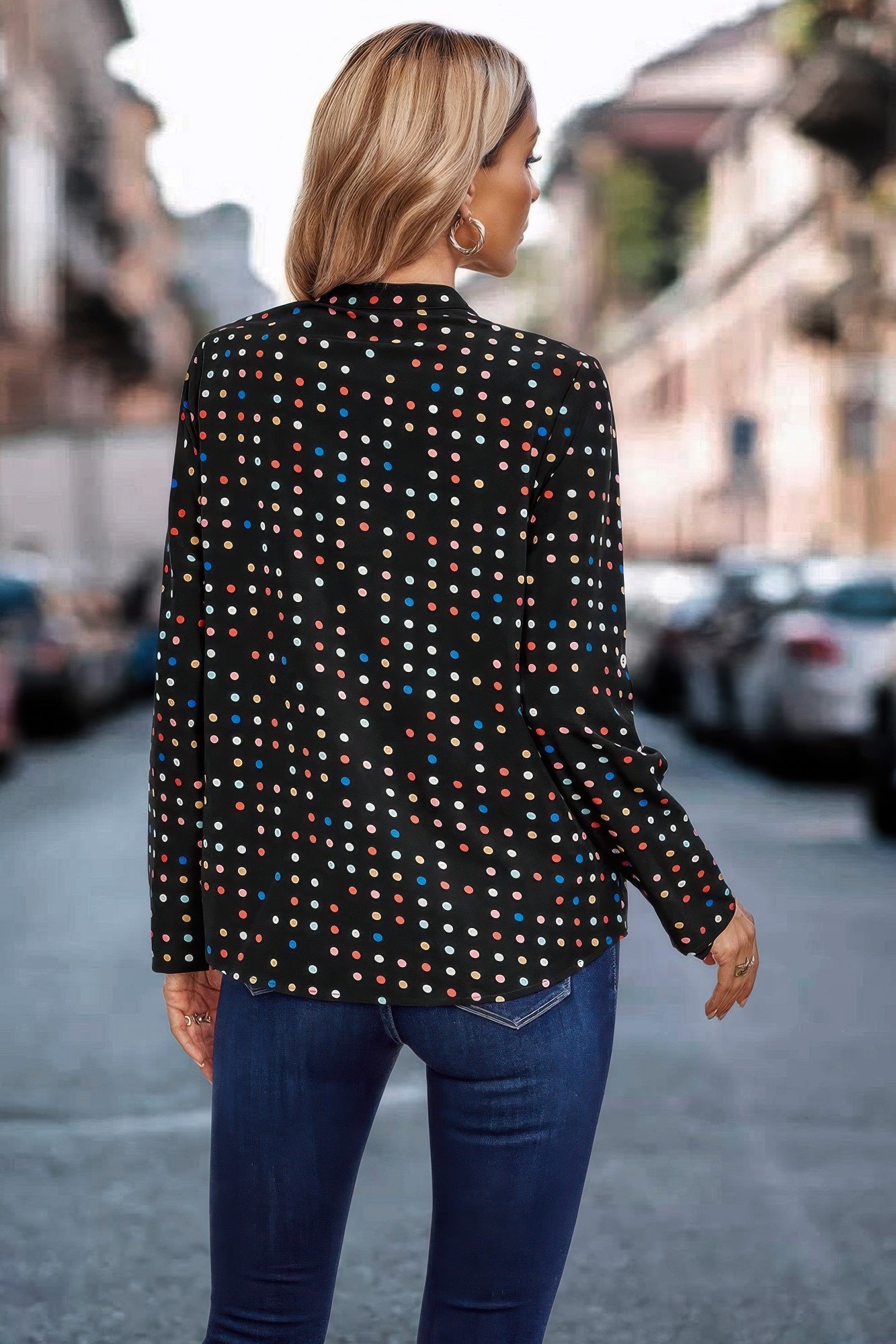 Polka Dot Puff Sleeve Notched Neckline Blouse product image