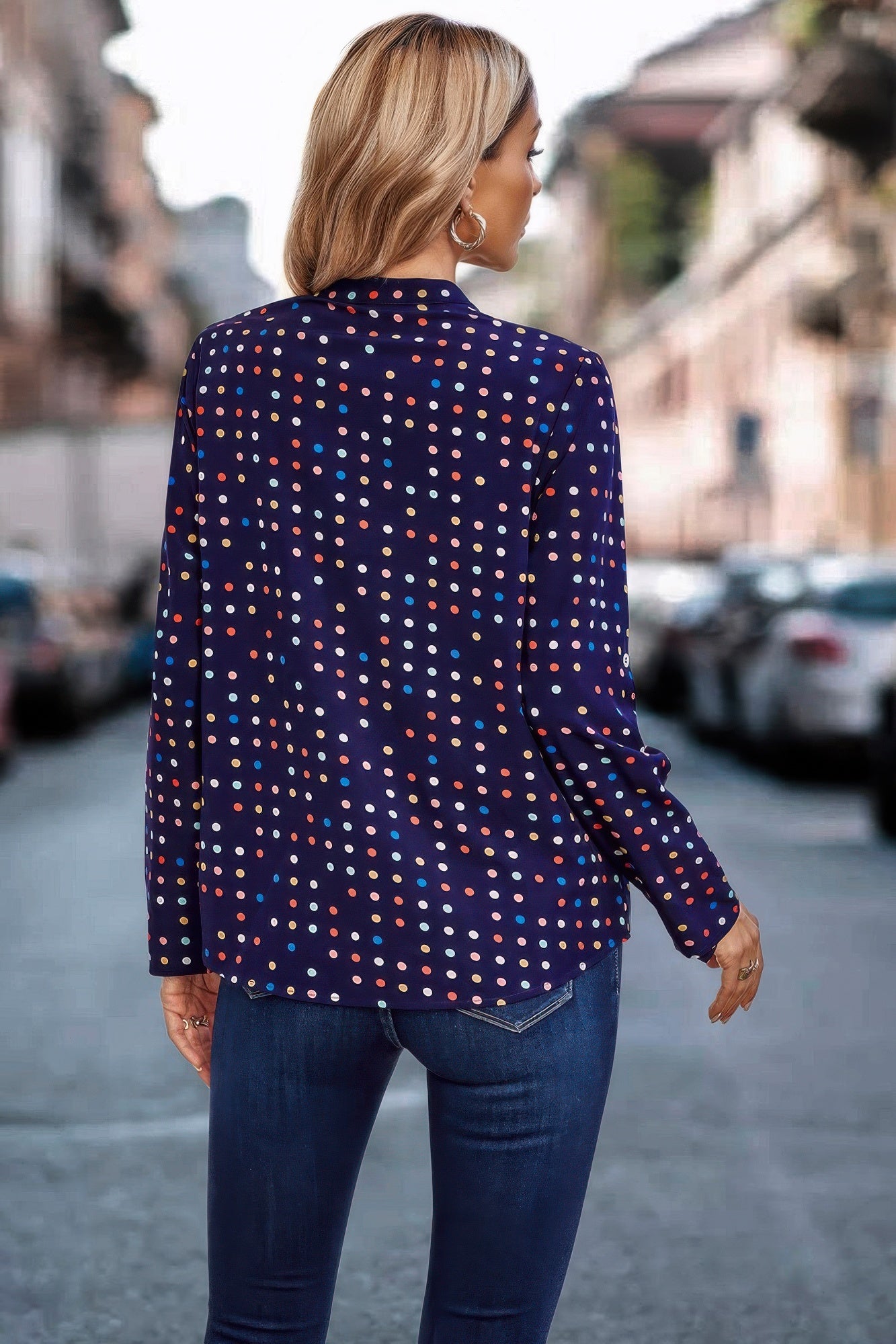Polka Dot Puff Sleeve Notched Neckline Blouse product image