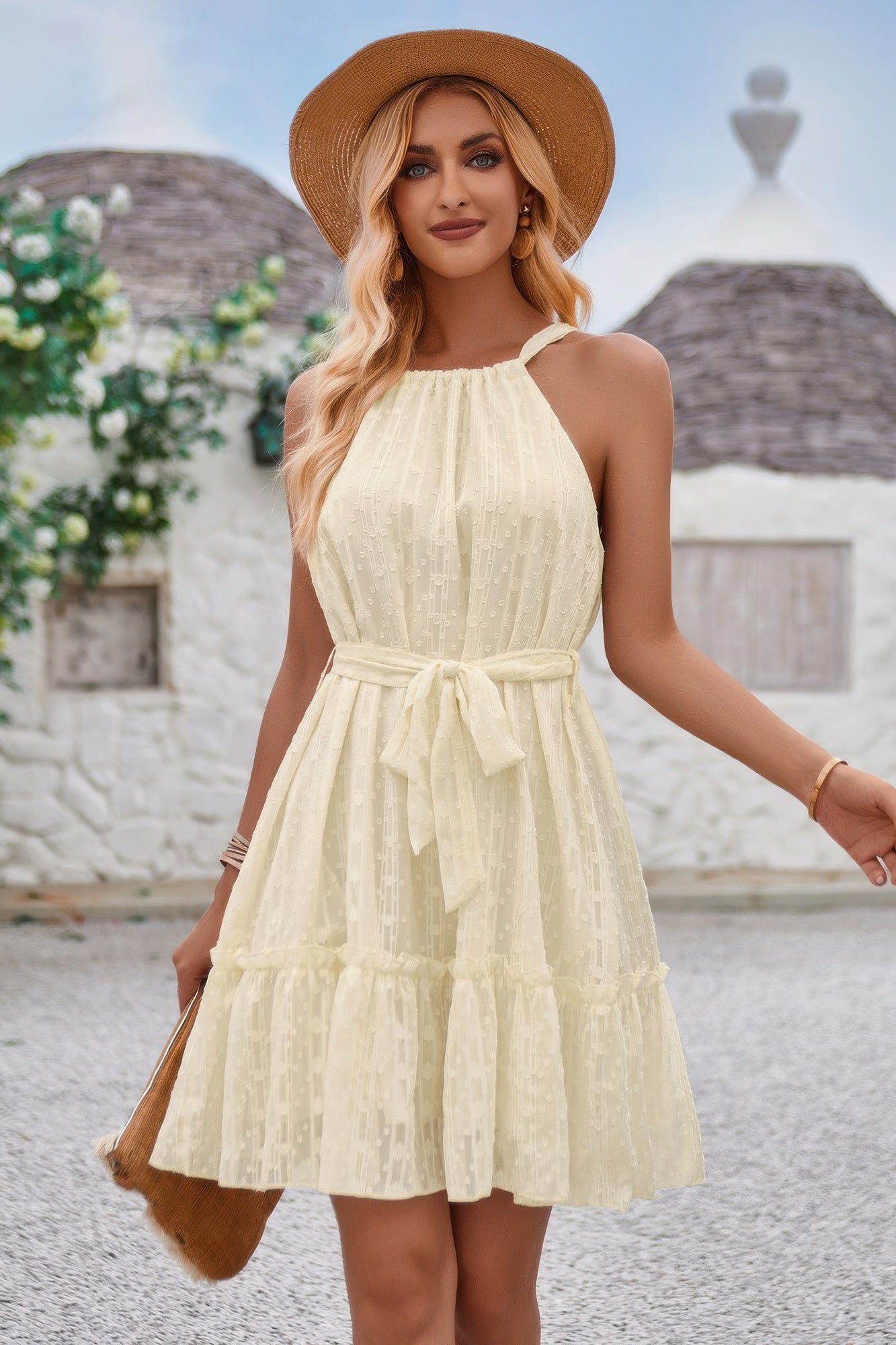 Solid Halter Neck Sleeveless Waist Tie Ruffle Dres product image