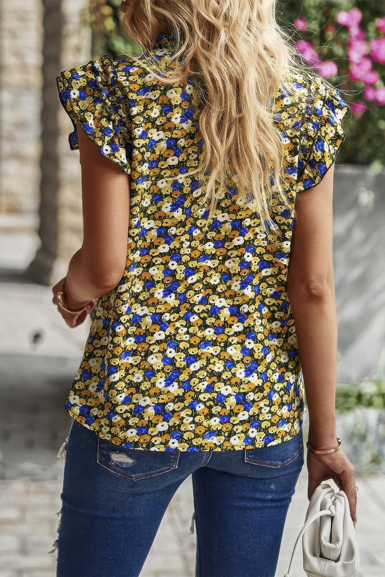 Floral Pleated V Neck Flutter Sleeve Pullover Top product image