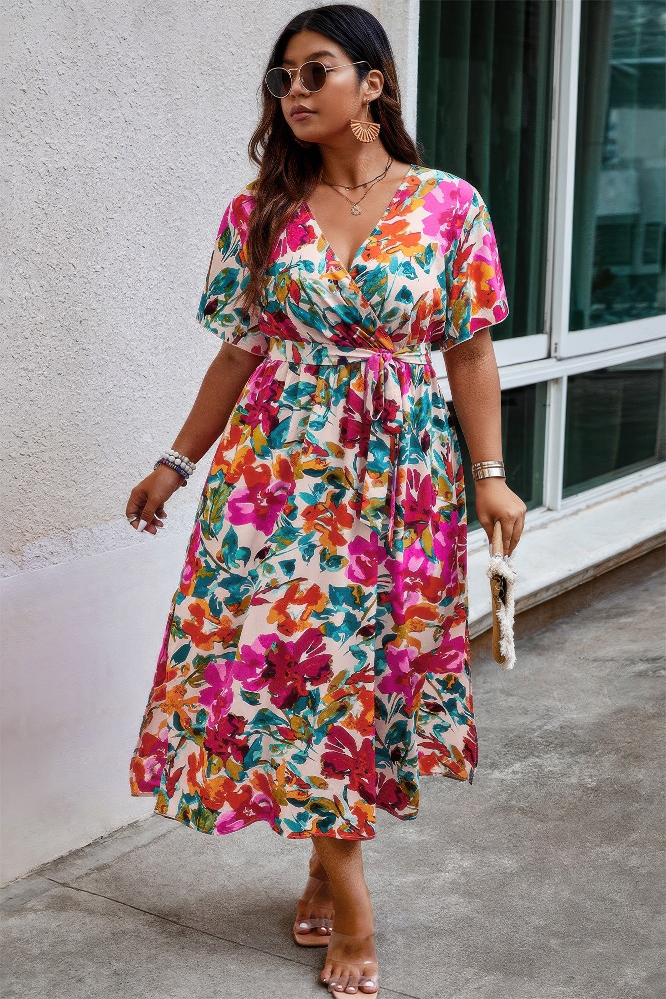 Plus Size Floral Print Cross Belt Fit Dress product image