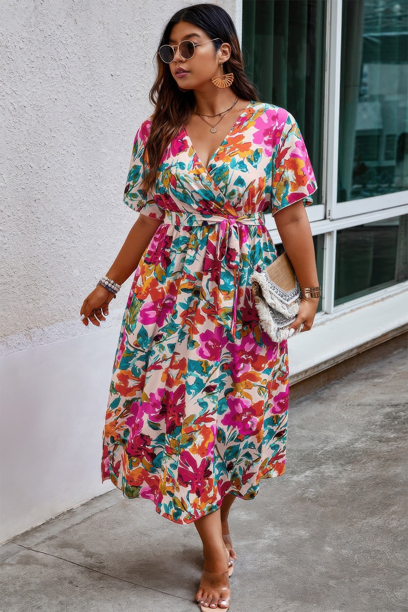 Plus Size Floral Print Cross Belt Fit Dress product image