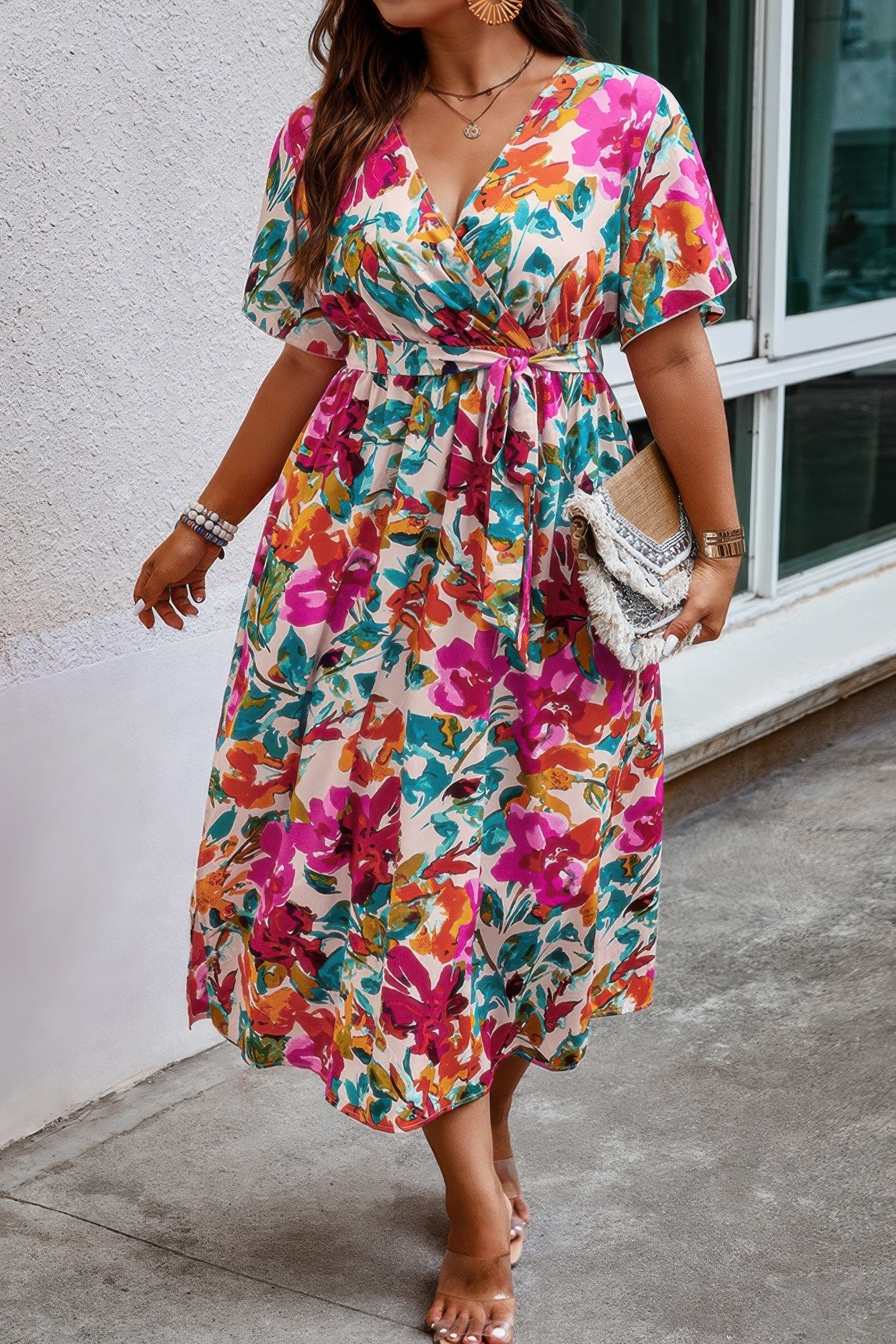 Plus Size Floral Print Cross Belt Fit Dress product image