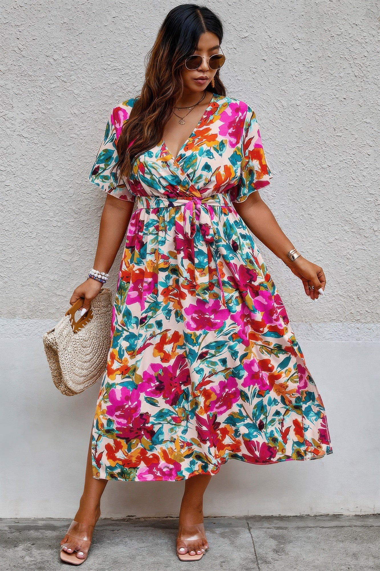 Plus Size Floral Print Cross Belt Fit Dress product image