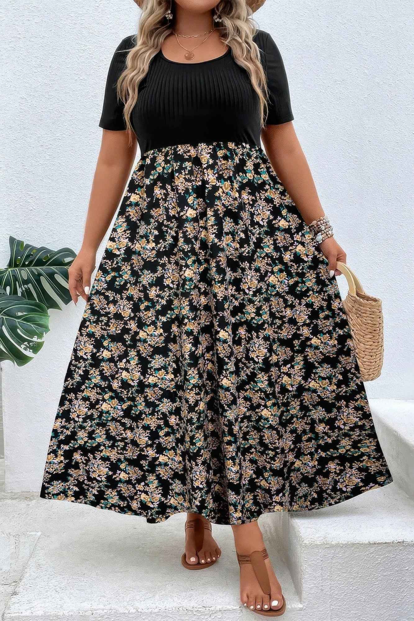 Plus Floral Print Elastic Fit High Waist Dress Plus Floral Print Elastic Fit High Waist Dress