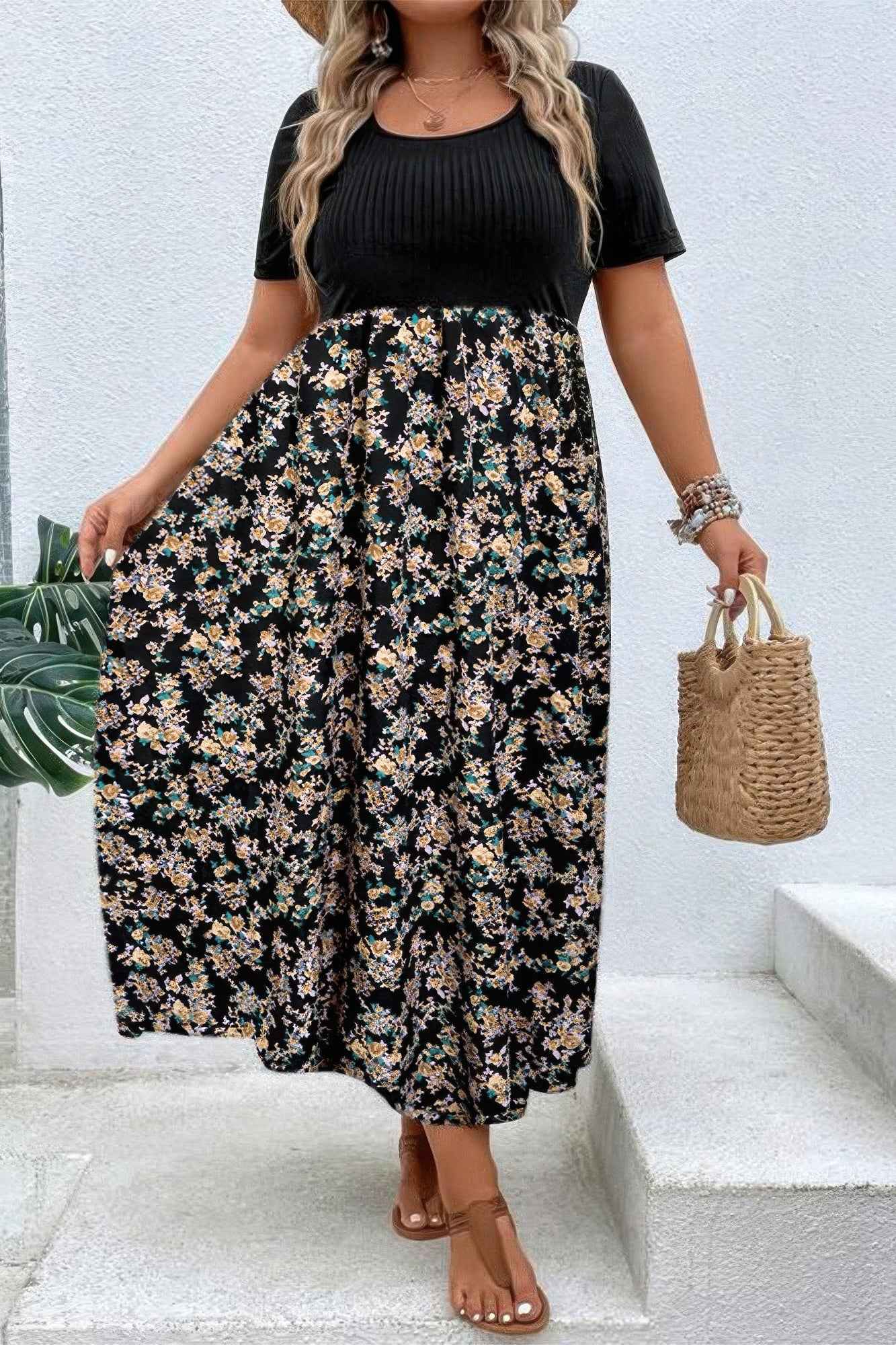 Plus Floral Print Elastic Fit High Waist Dress Plus Floral Print Elastic Fit High Waist Dress