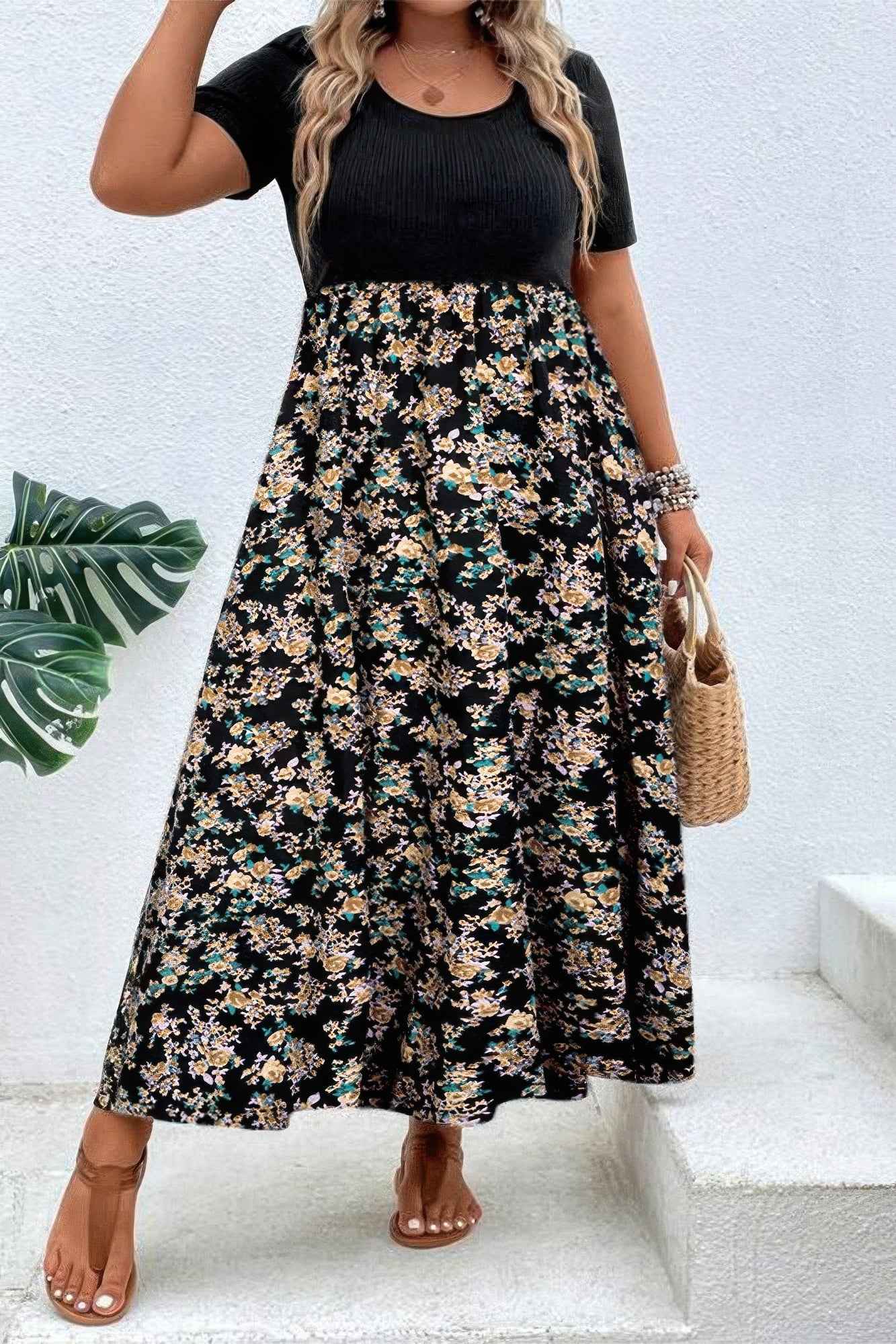 Plus Floral Print Elastic Fit High Waist Dress Plus Floral Print Elastic Fit High Waist Dress