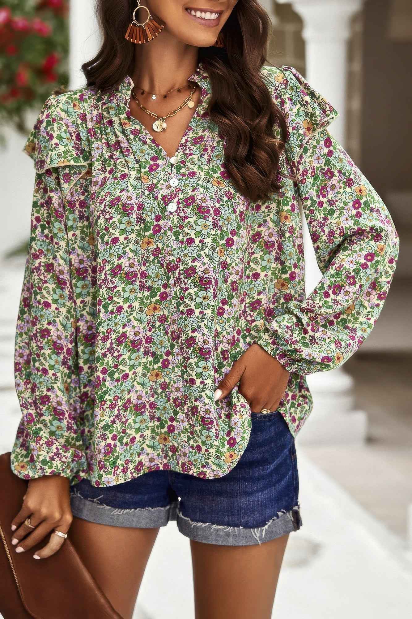 Floral V Neck Button Ruffle Long Sleeve Top Floral V Neck Button Ruffle Long Sleeve Top