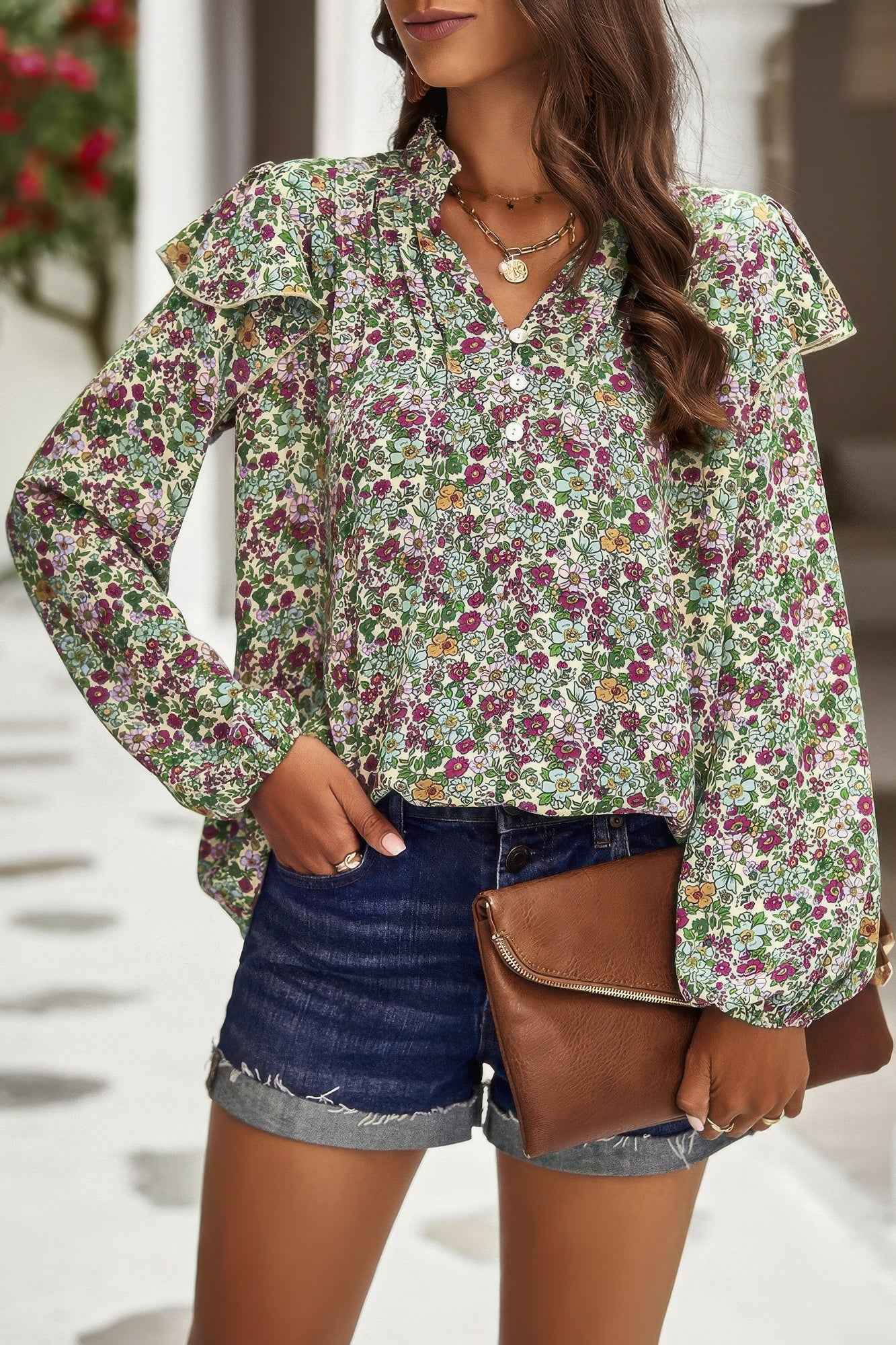 Floral V Neck Button Ruffle Long Sleeve Top Floral V Neck Button Ruffle Long Sleeve Top