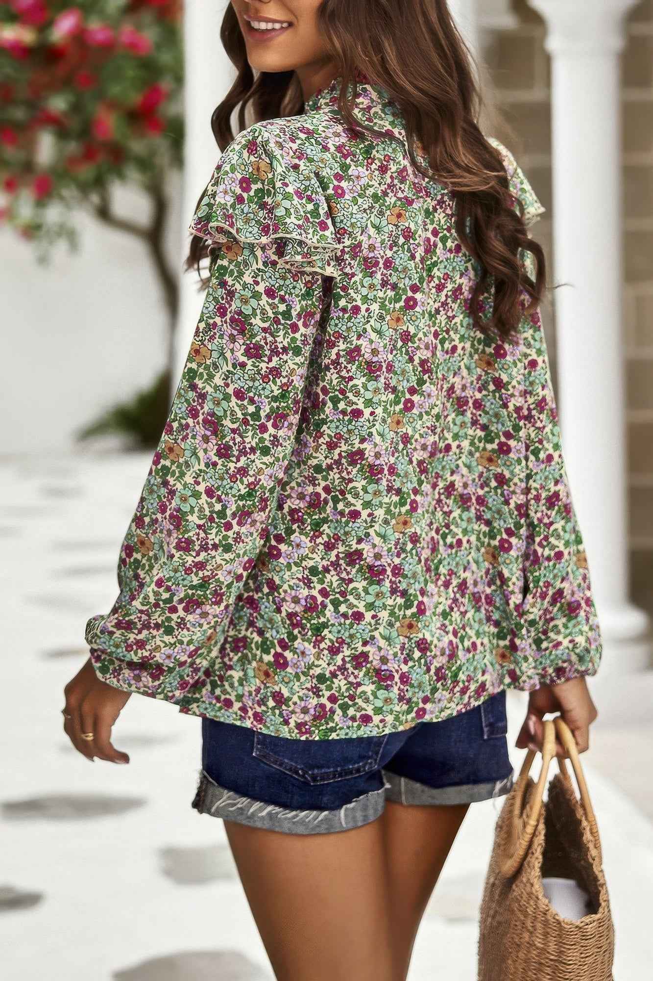 Floral V Neck Button Ruffle Long Sleeve Top Floral V Neck Button Ruffle Long Sleeve Top