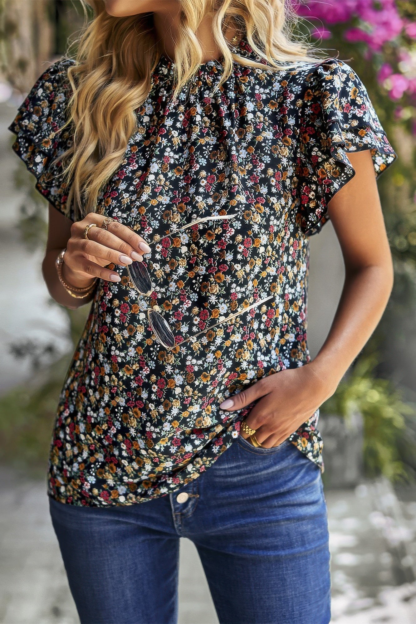 Floral Mock Neck Ruffle Short Sleeve Shirt product image