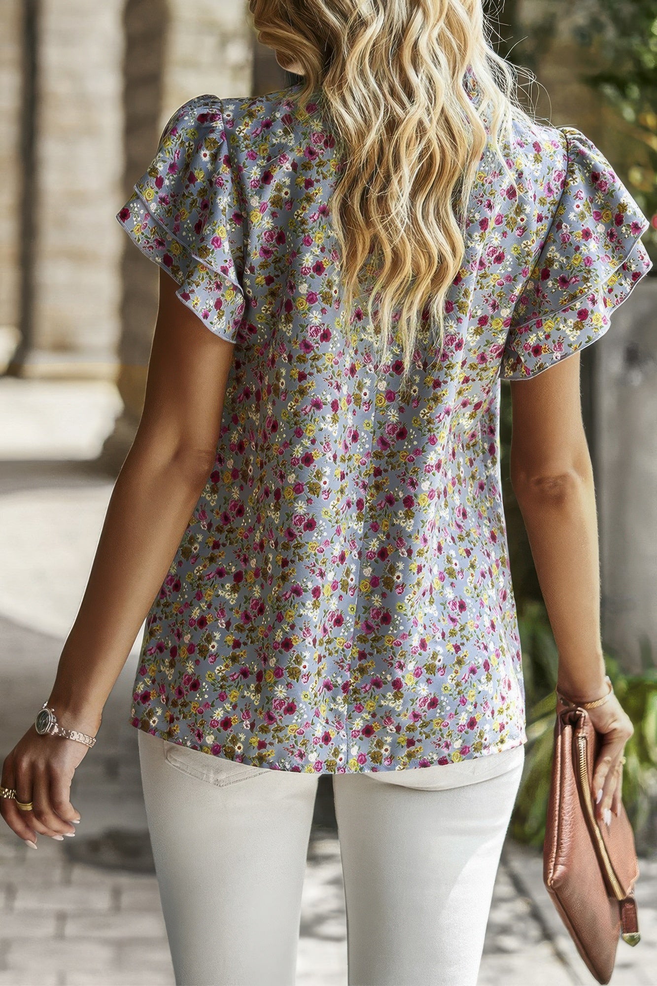 Floral Mock Neck Ruffle Short Sleeve Shirt product image