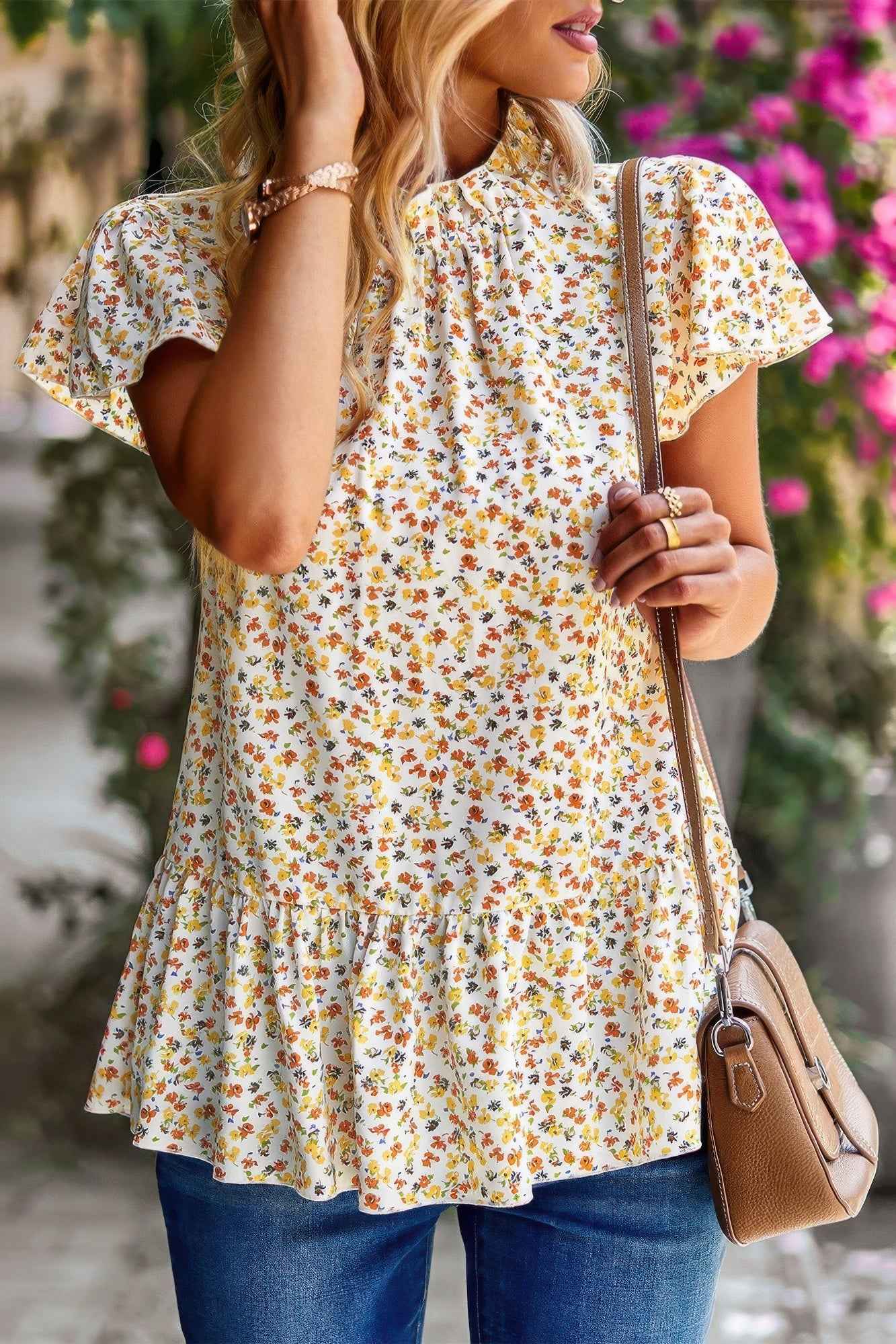 Ruffle Frill Trim Mock Neck Short Sleeve Shirt Ruffle Frill Trim Mock Neck Short Sleeve Shirt