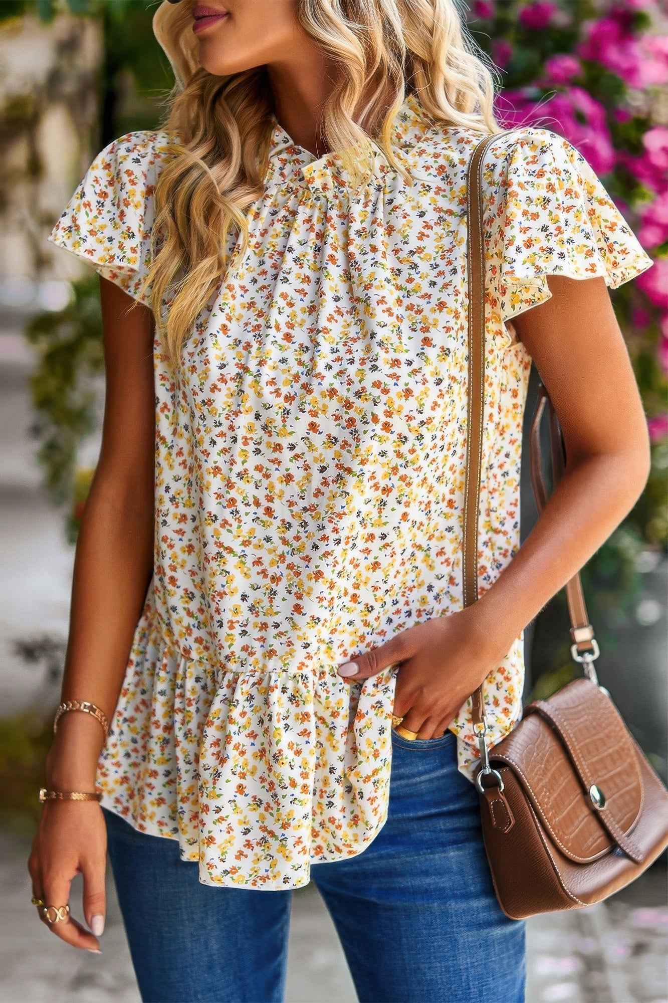 Ruffle Frill Trim Mock Neck Short Sleeve Shirt Ruffle Frill Trim Mock Neck Short Sleeve Shirt