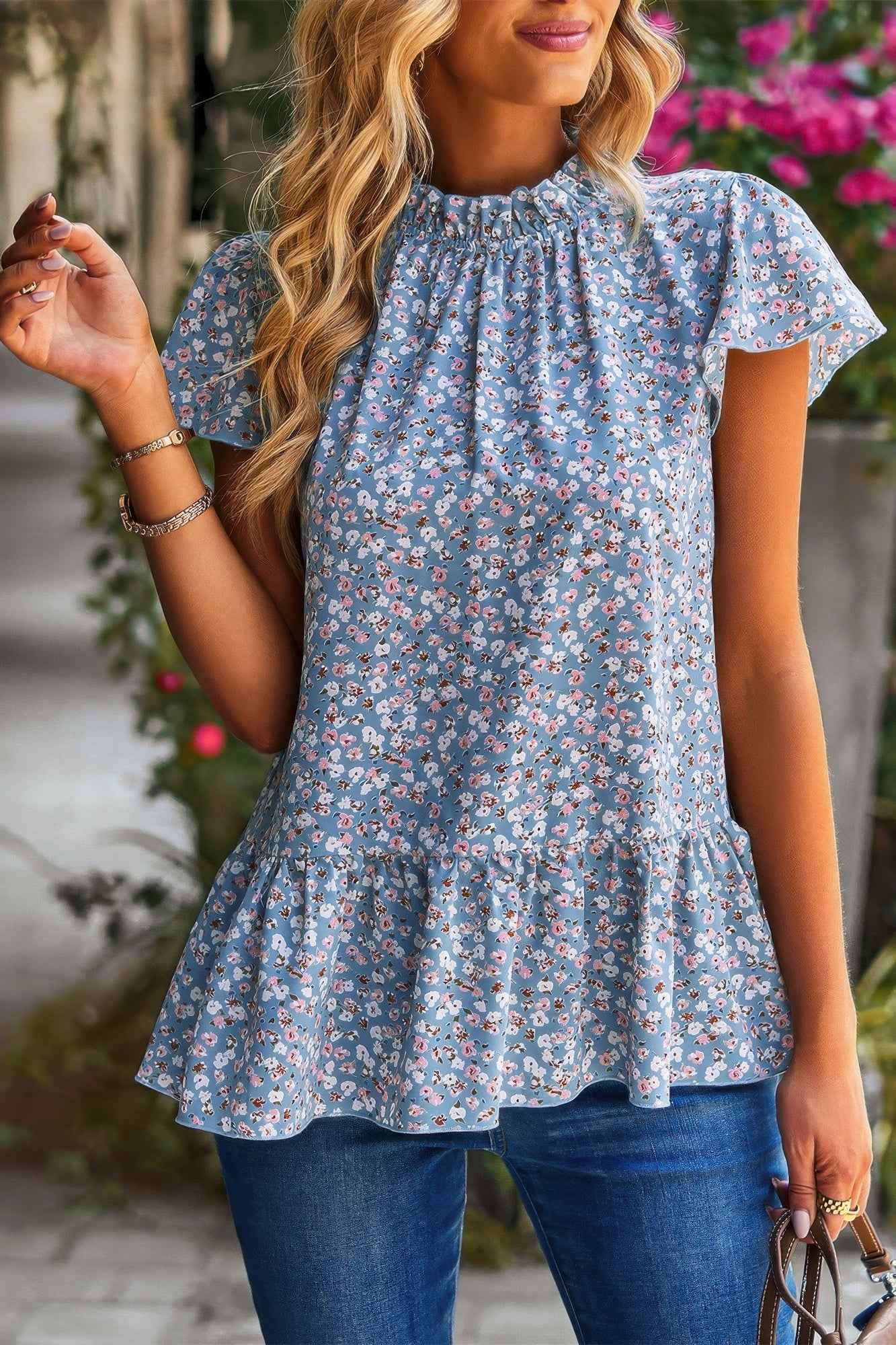 Ruffle Frill Trim Mock Neck Short Sleeve Shirt Ruffle Frill Trim Mock Neck Short Sleeve Shirt