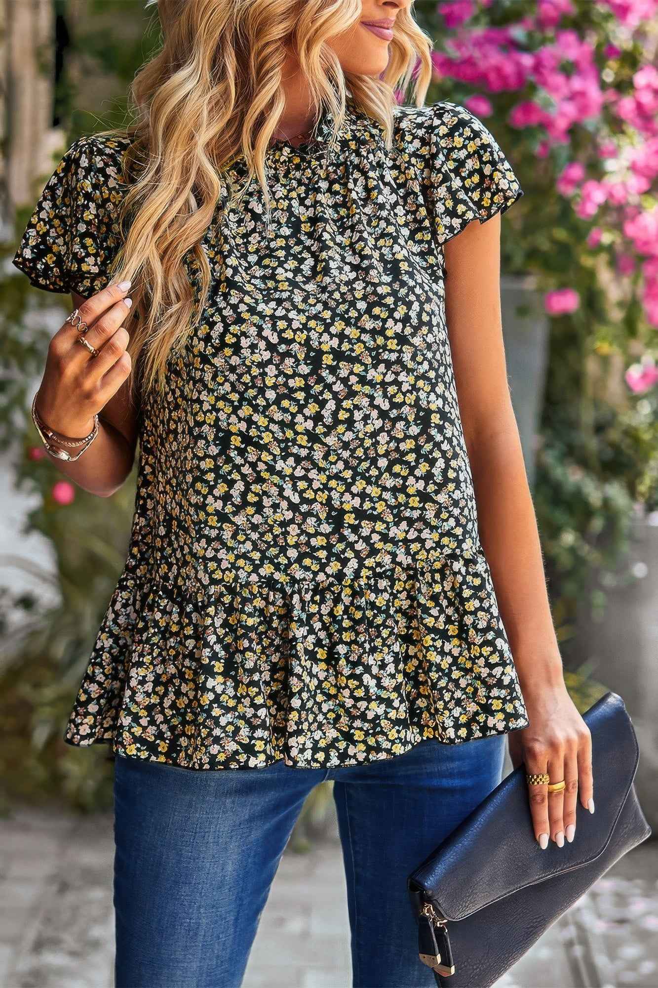 Ruffle Frill Trim Mock Neck Short Sleeve Shirt Ruffle Frill Trim Mock Neck Short Sleeve Shirt