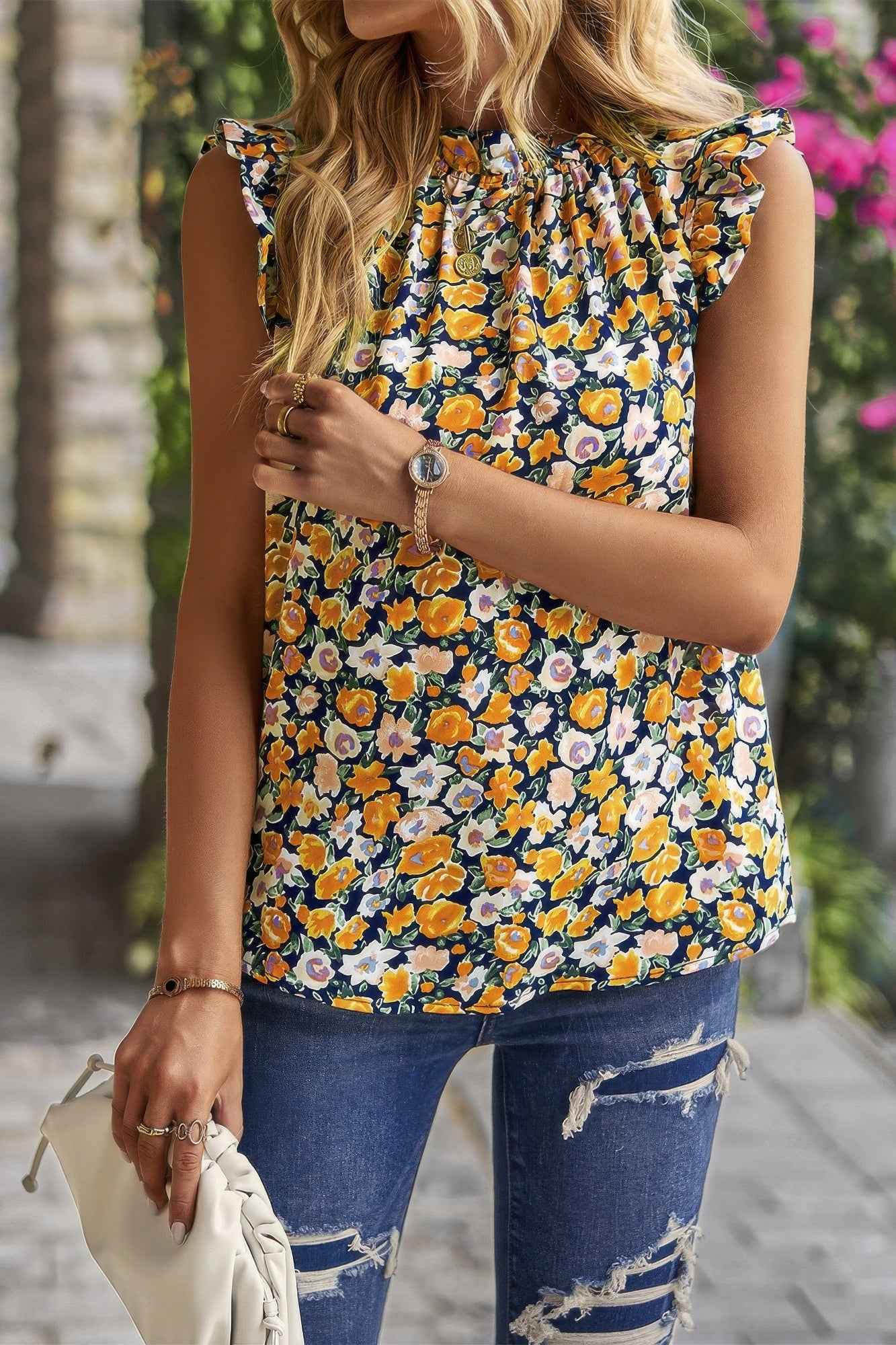 Boho Floral Sleeveless Loose Fit Collar Top Boho Floral Sleeveless Loose Fit Collar Top
