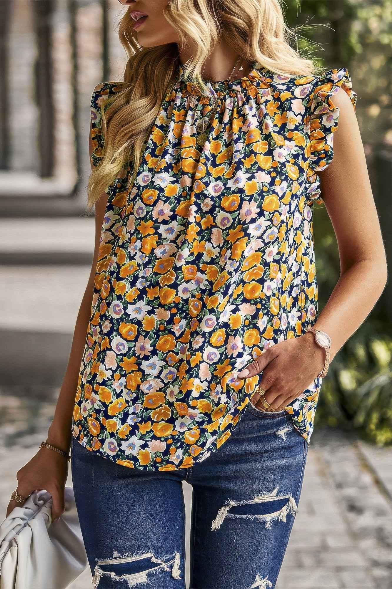 Boho Floral Sleeveless Loose Fit Collar Top Boho Floral Sleeveless Loose Fit Collar Top