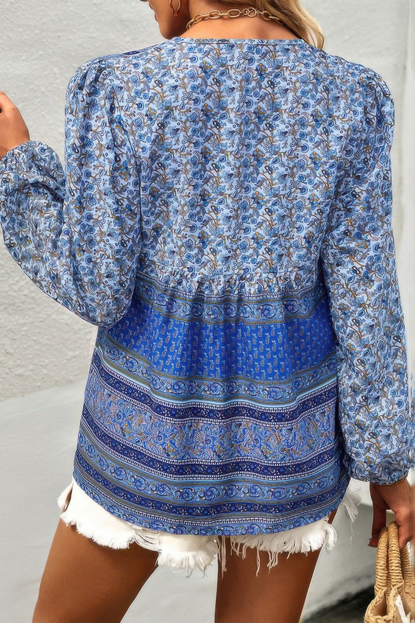 Tie Neck Boho Floral Tunics Long Sleeve Shirt product image