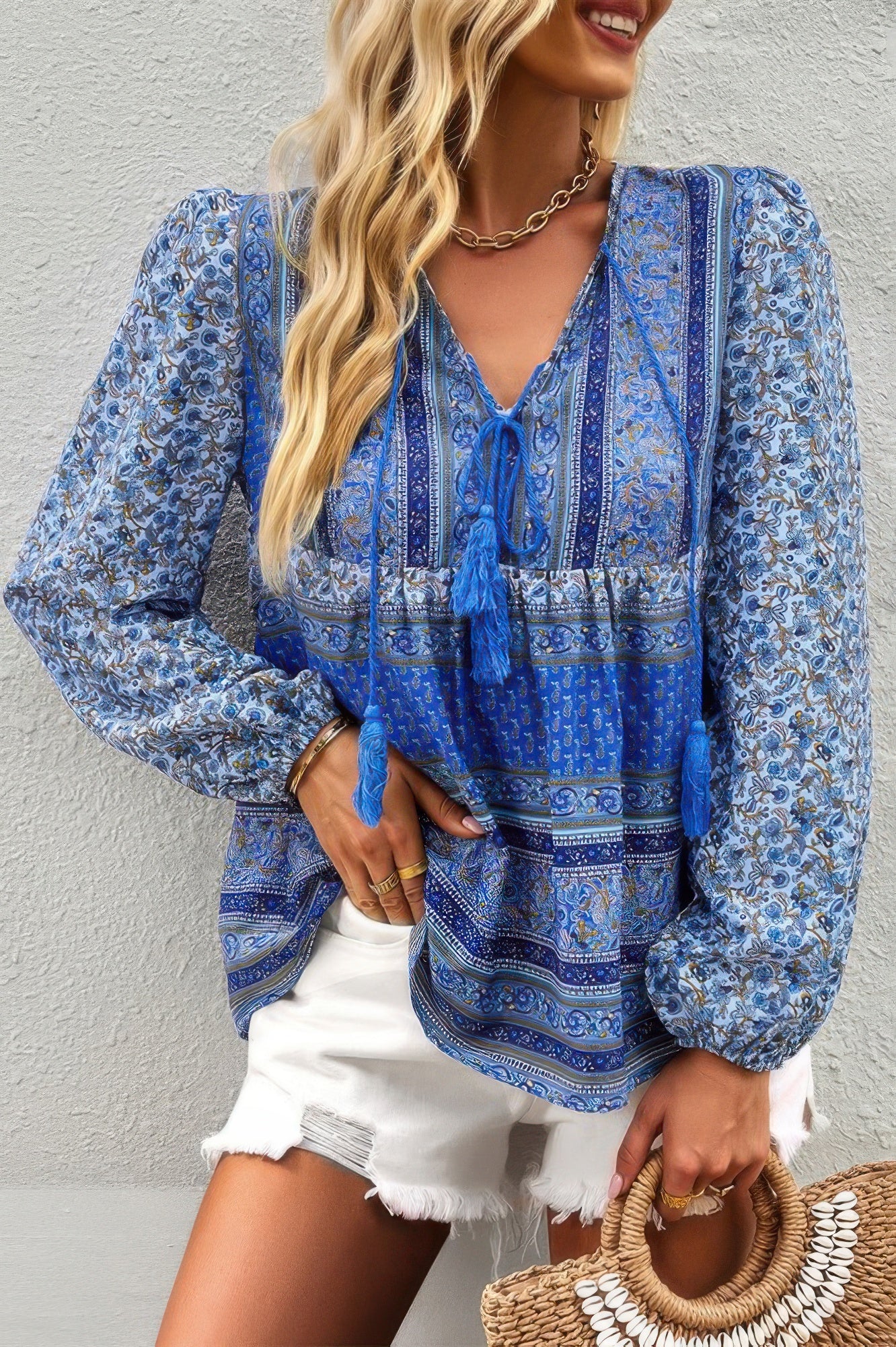 Tie Neck Boho Floral Tunics Long Sleeve Shirt product image