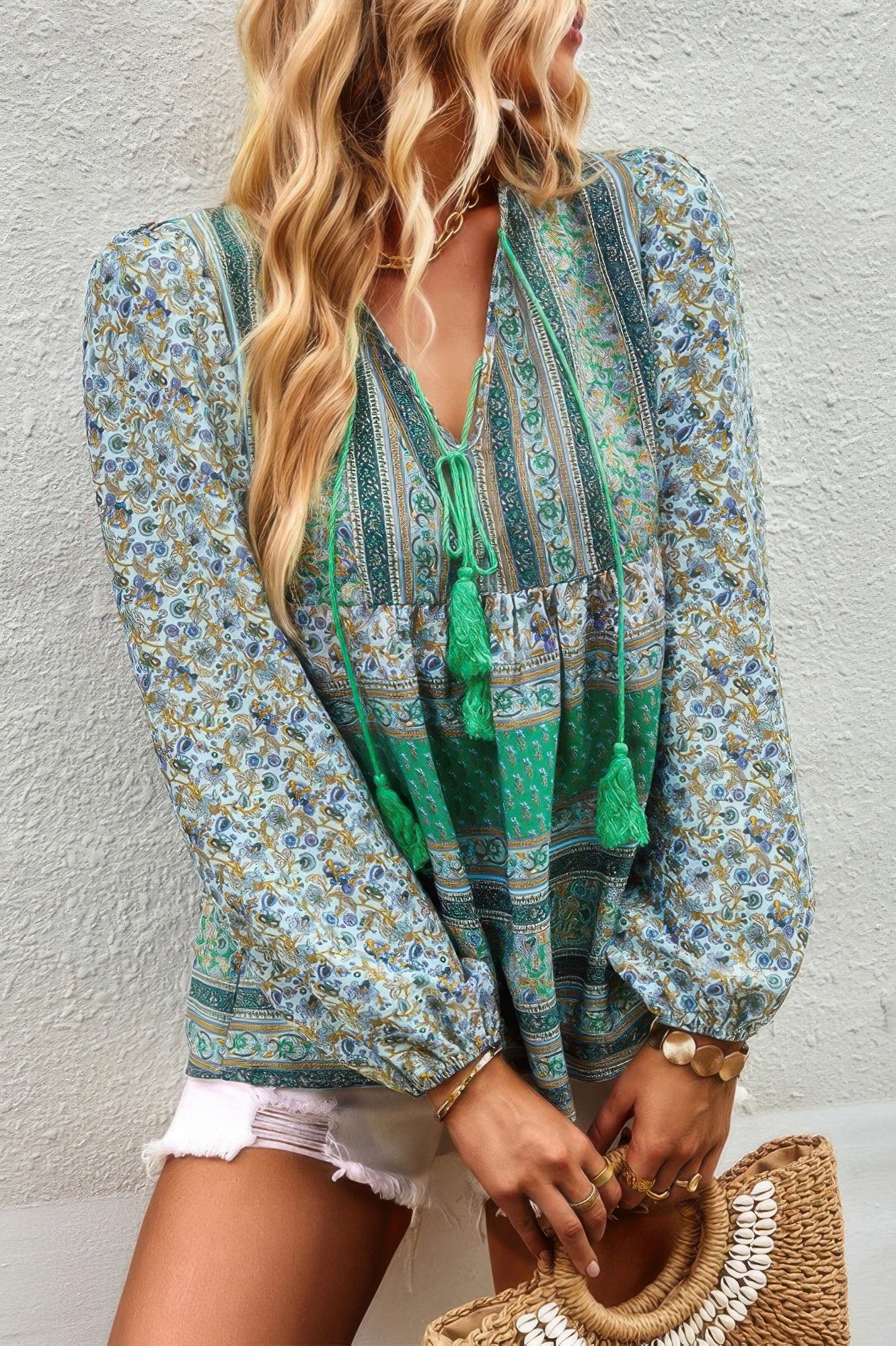 Tie Neck Boho Floral Tunics Long Sleeve Shirt product image