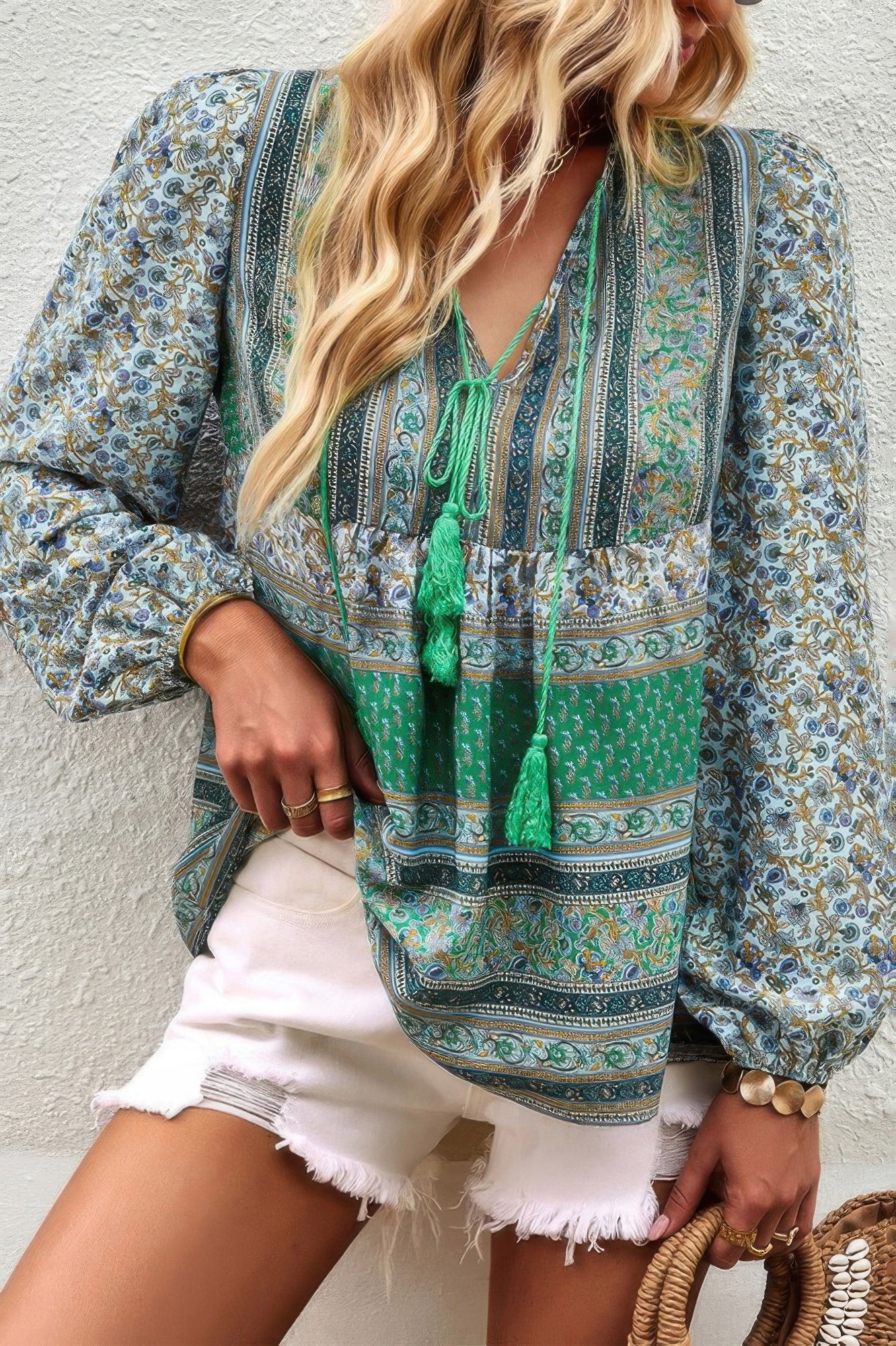 Tie Neck Boho Floral Tunics Long Sleeve Shirt product image