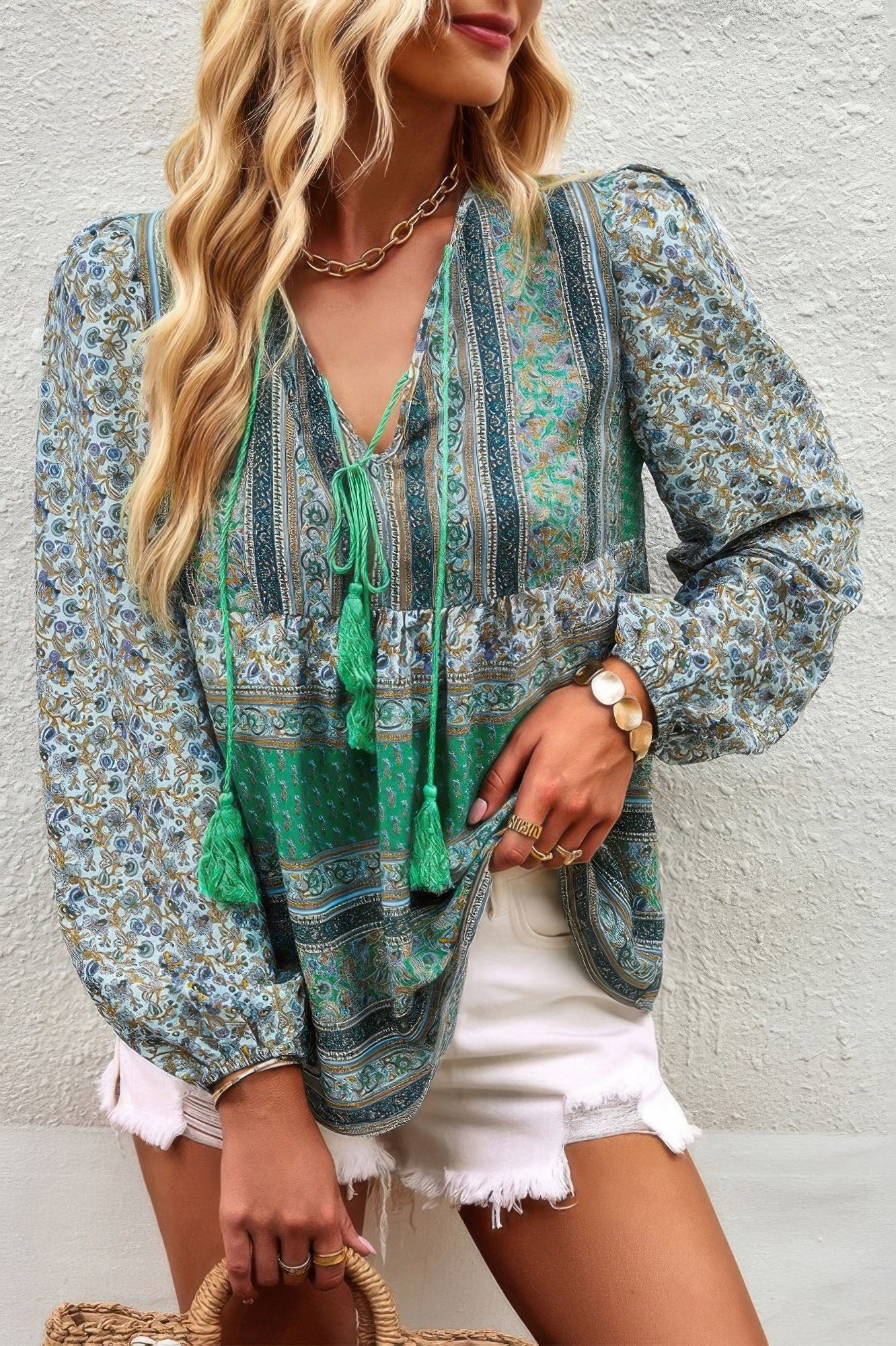 Tie Neck Boho Floral Tunics Long Sleeve Shirt product image