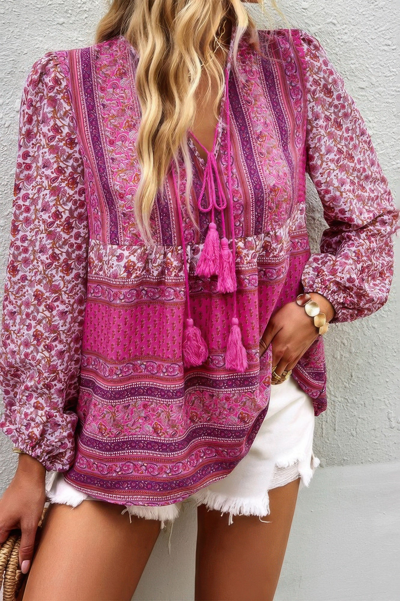 Tie Neck Boho Floral Tunics Long Sleeve Shirt product image