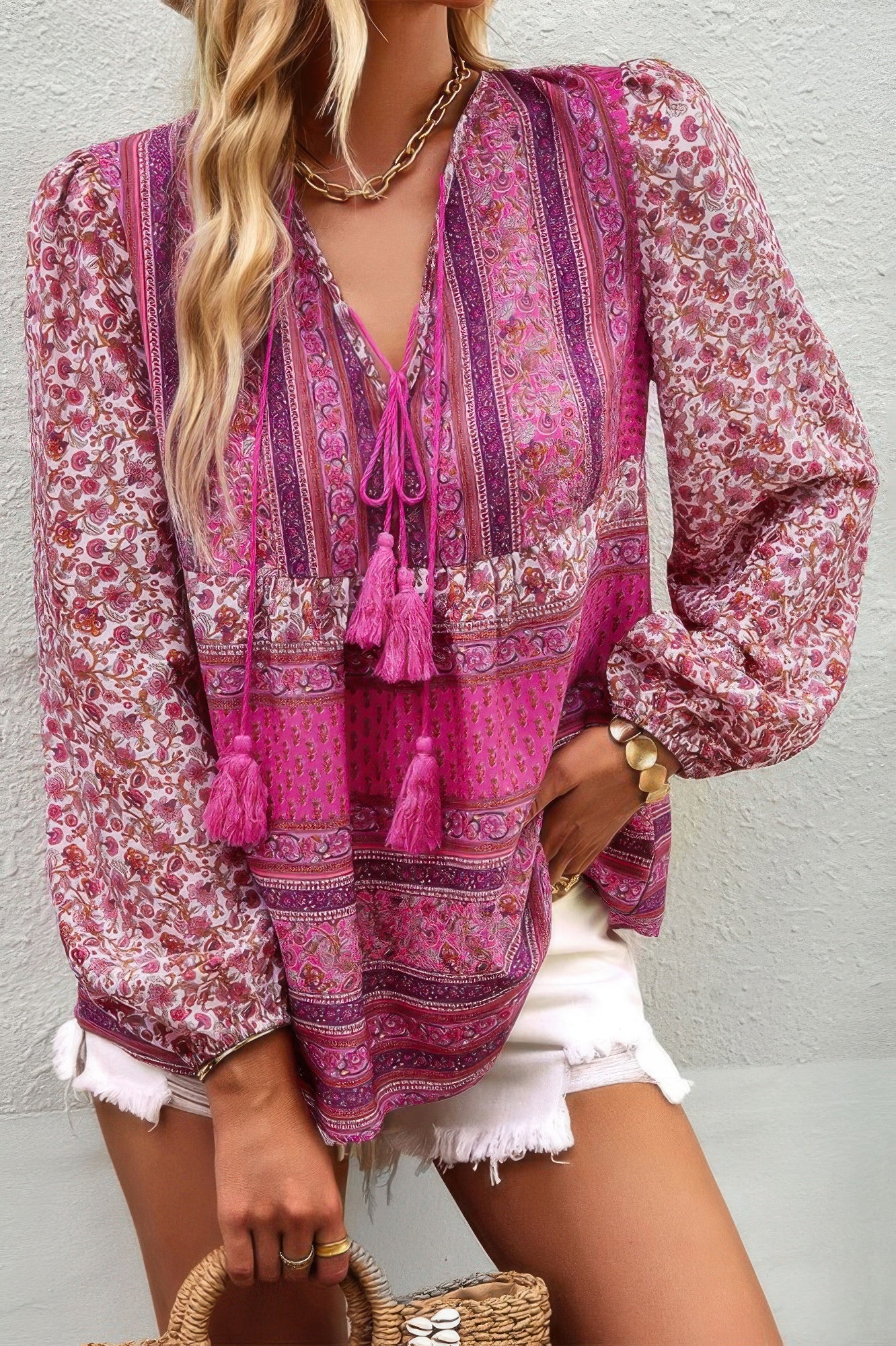 Tie Neck Boho Floral Tunics Long Sleeve Shirt product image
